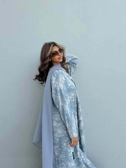 FAB301- White and Blue Lace and Linen Summer A-Cut Abaya