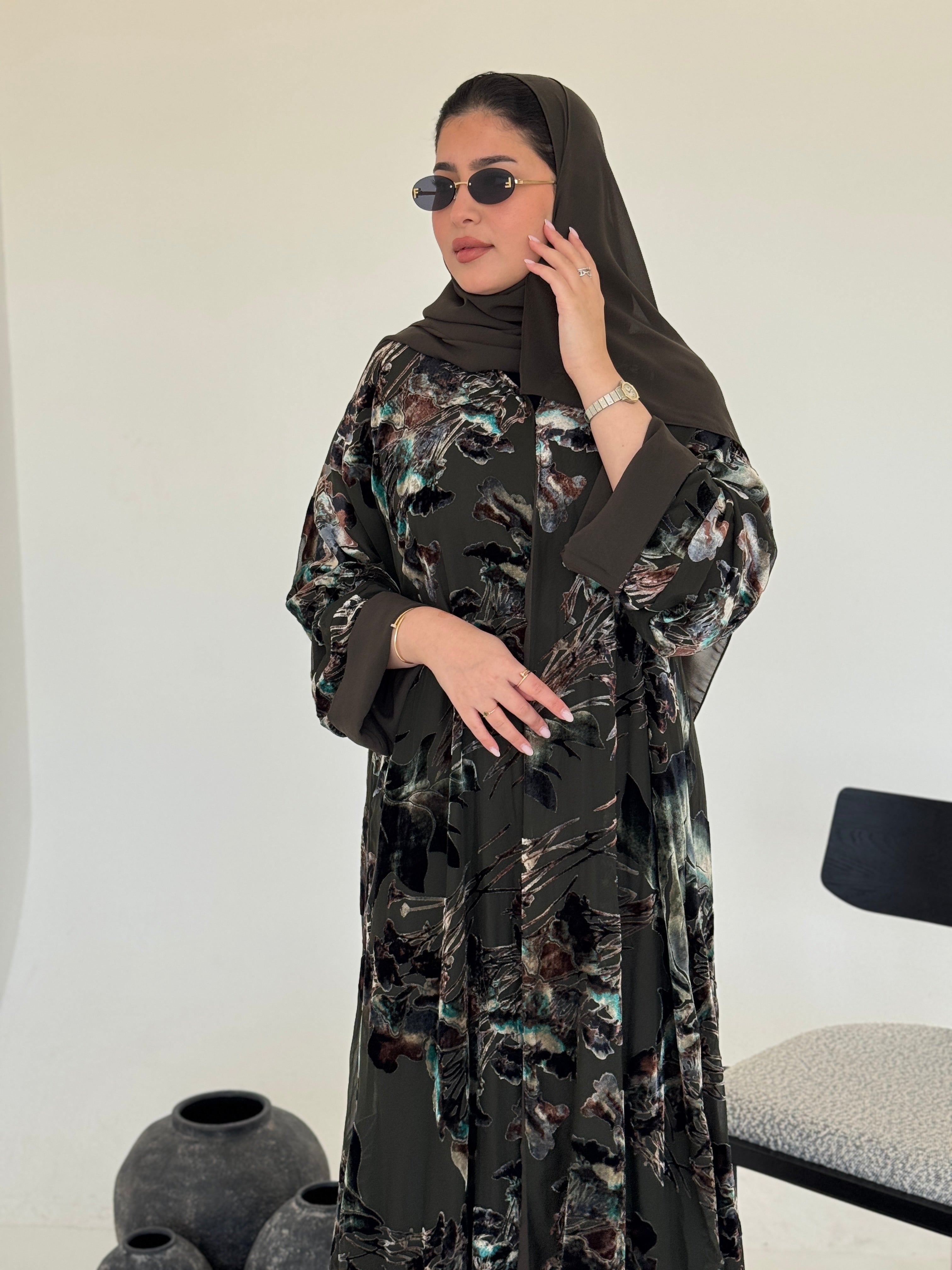 FAB232- Green Chiffon with Velvet Print Abaya with headscarf