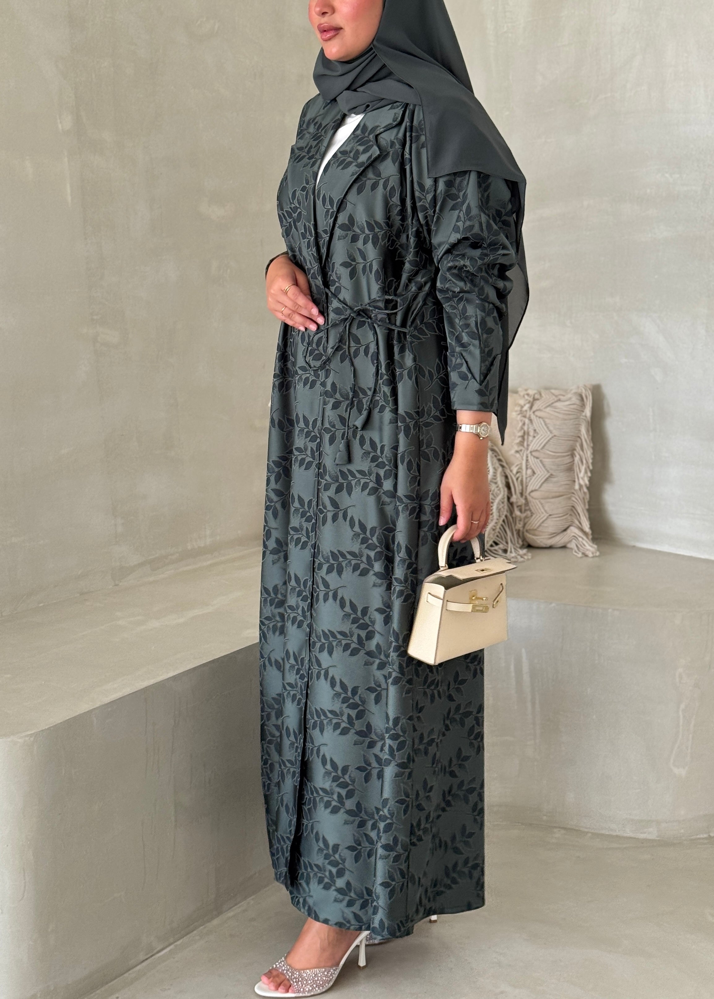 FAB195- Pistachio Green Collar Blazer Cut Abaya with headscarf