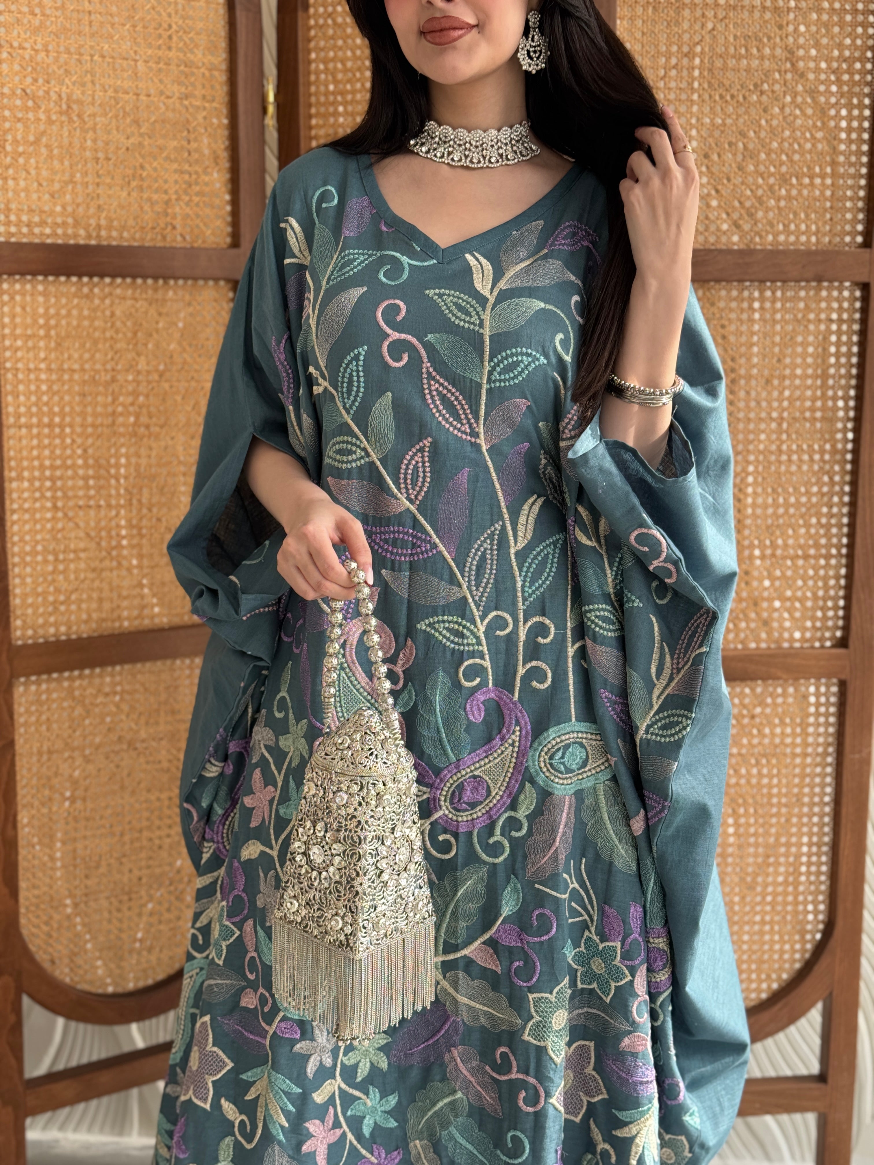 FAB263-Teal Blue Linen free-size jalabiya with elegant multicolor embroidery