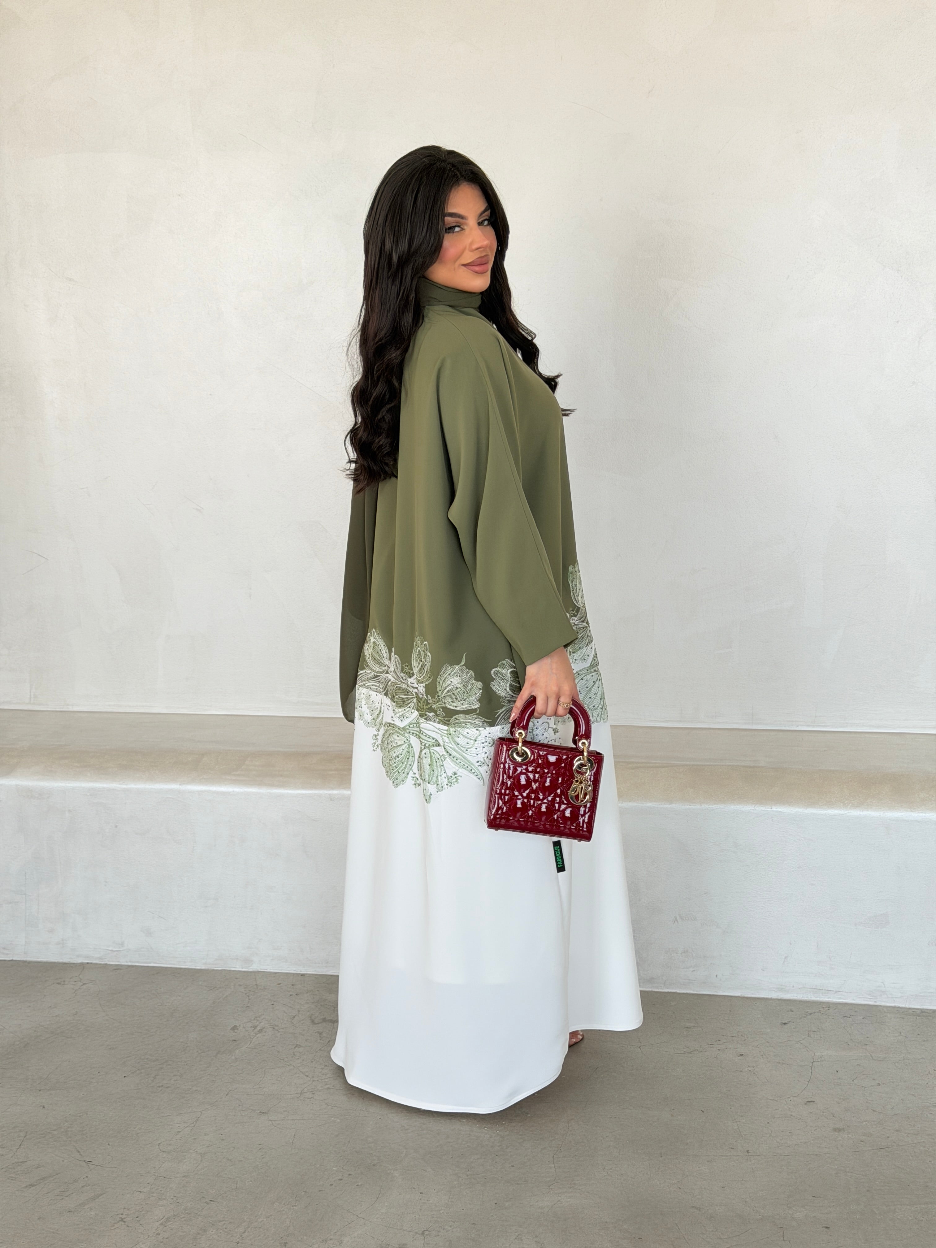FAB294- Light Green & White Crepe Crystal Embroidered Abaya