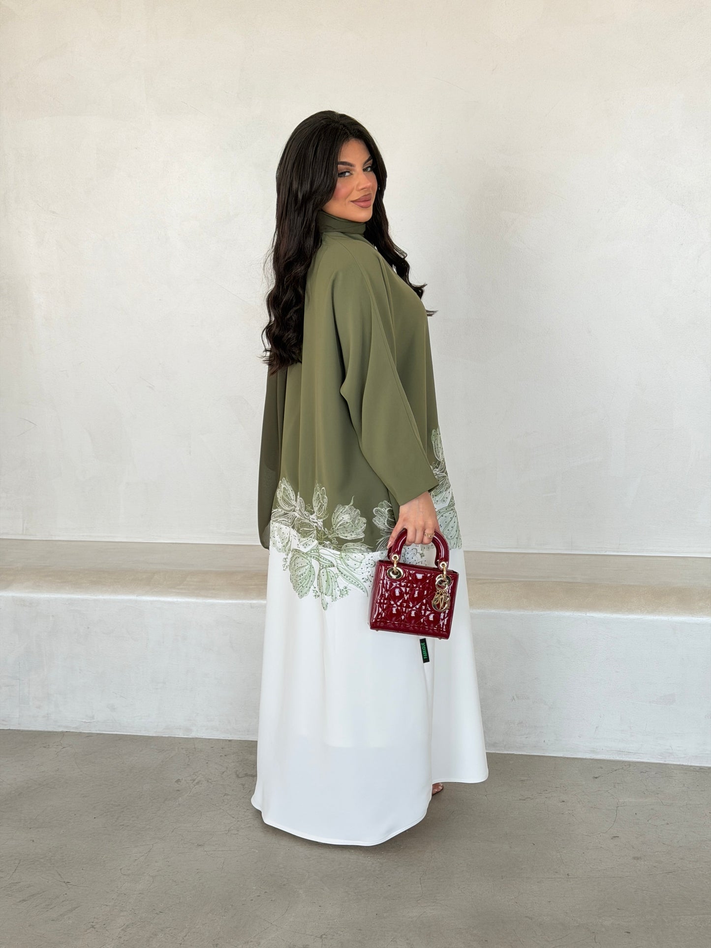 FAB294- Light Green & White Crepe Crystal Embroidered Abaya