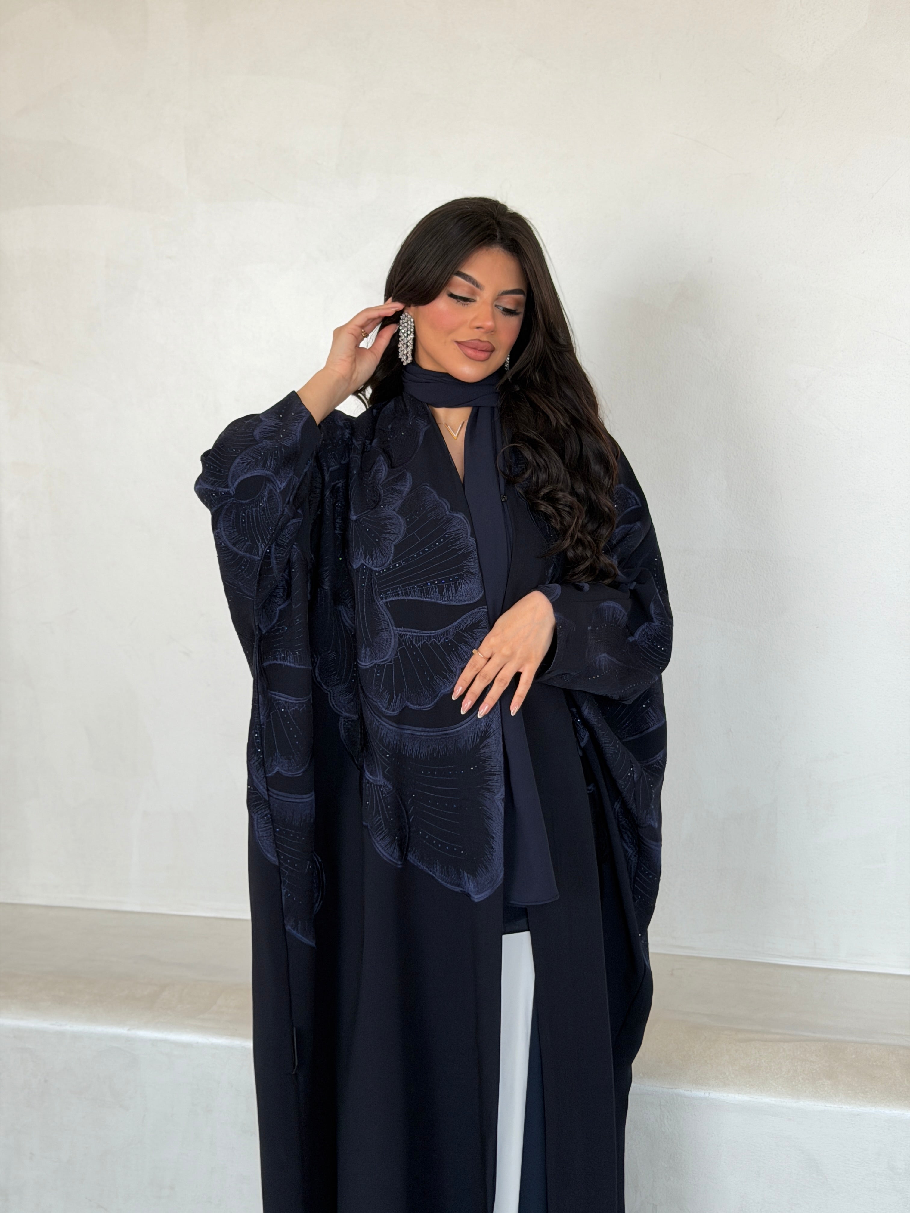 FAB298- Navy Blue Crystal Embroidered Half Bisht Cut Crepe Abaya