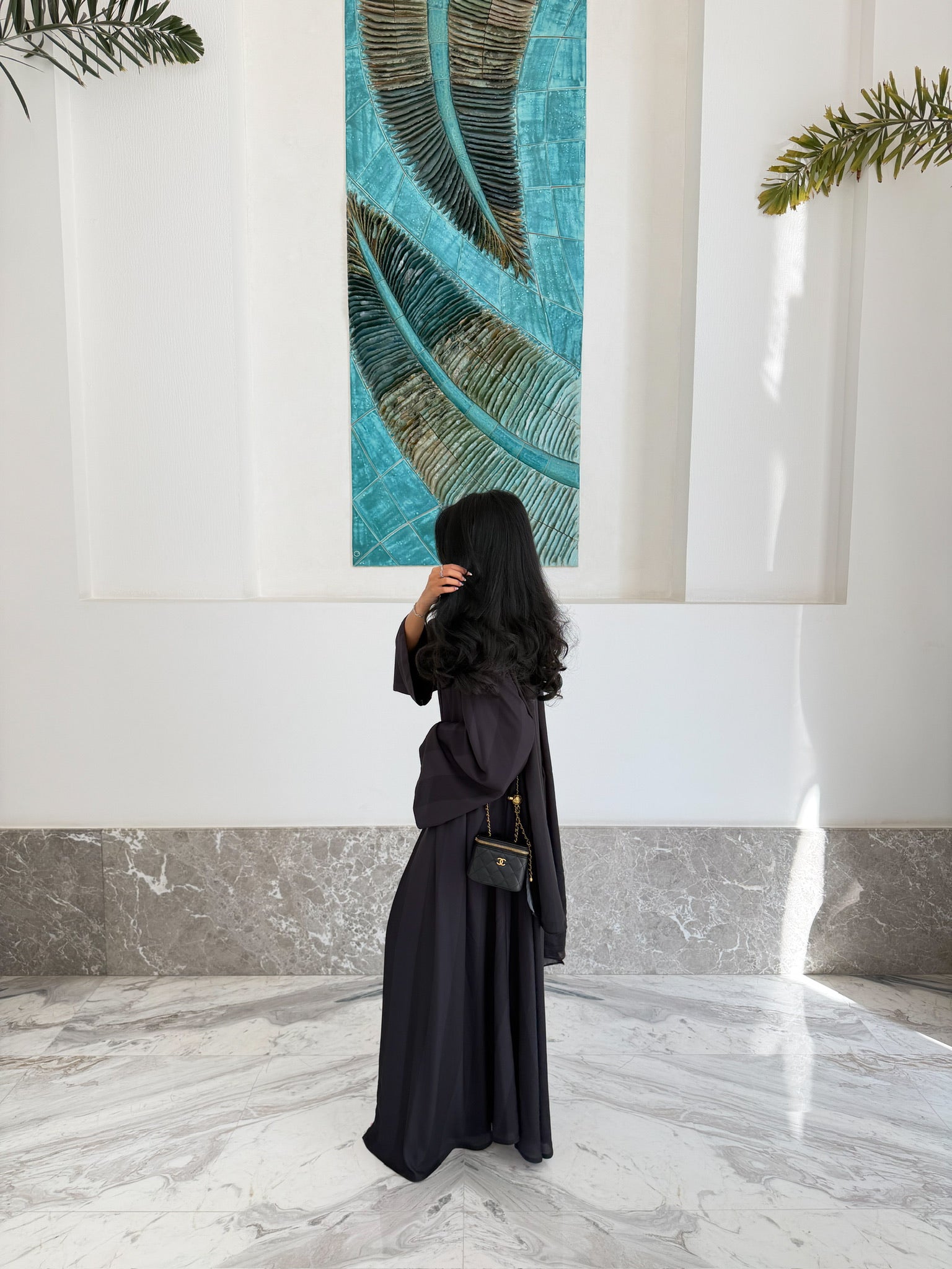 FAB332-Black Basic Light Stripped Printed Klosh Abaya Set