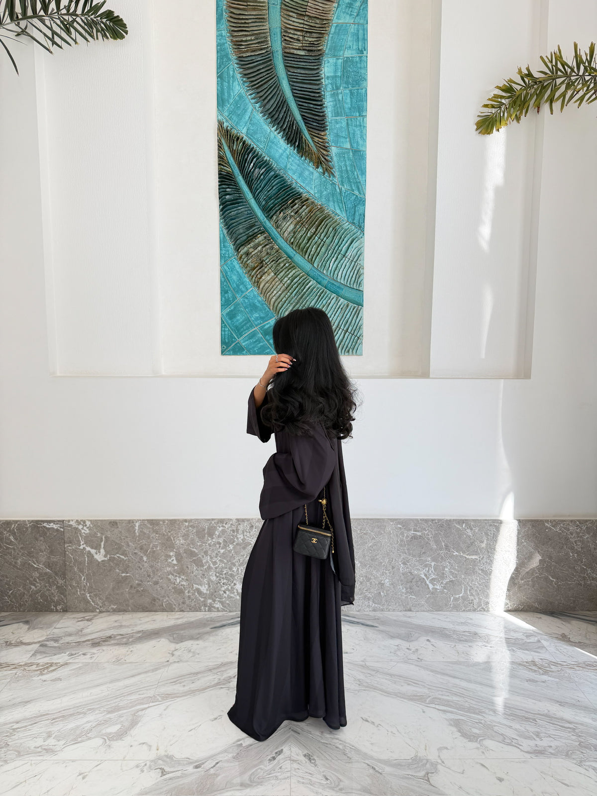 FAB332-Black Basic Light Stripped Printed Klosh Abaya Set