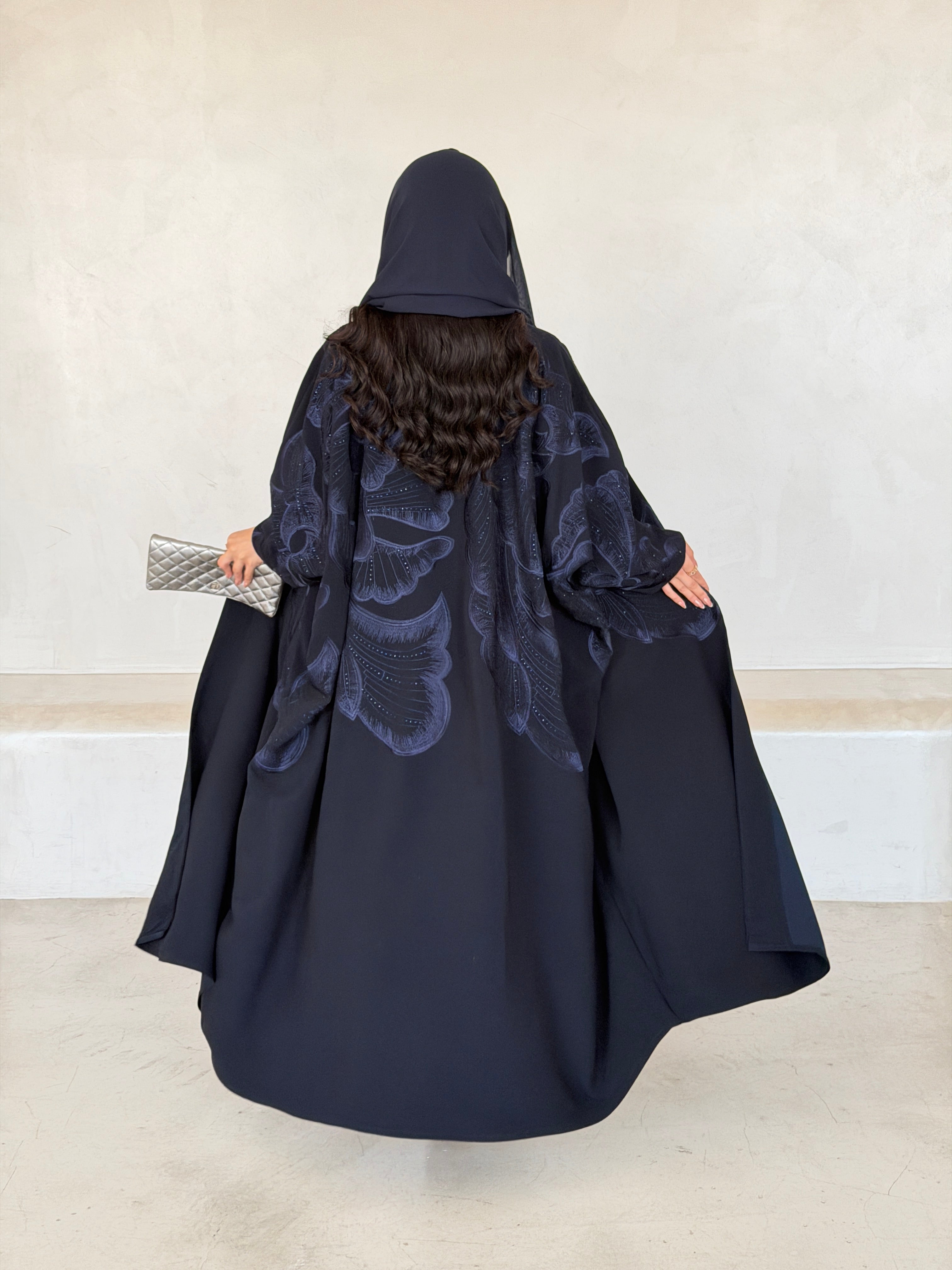 FAB298- Navy Blue Crystal Embroidered Half Bisht Cut Crepe Abaya