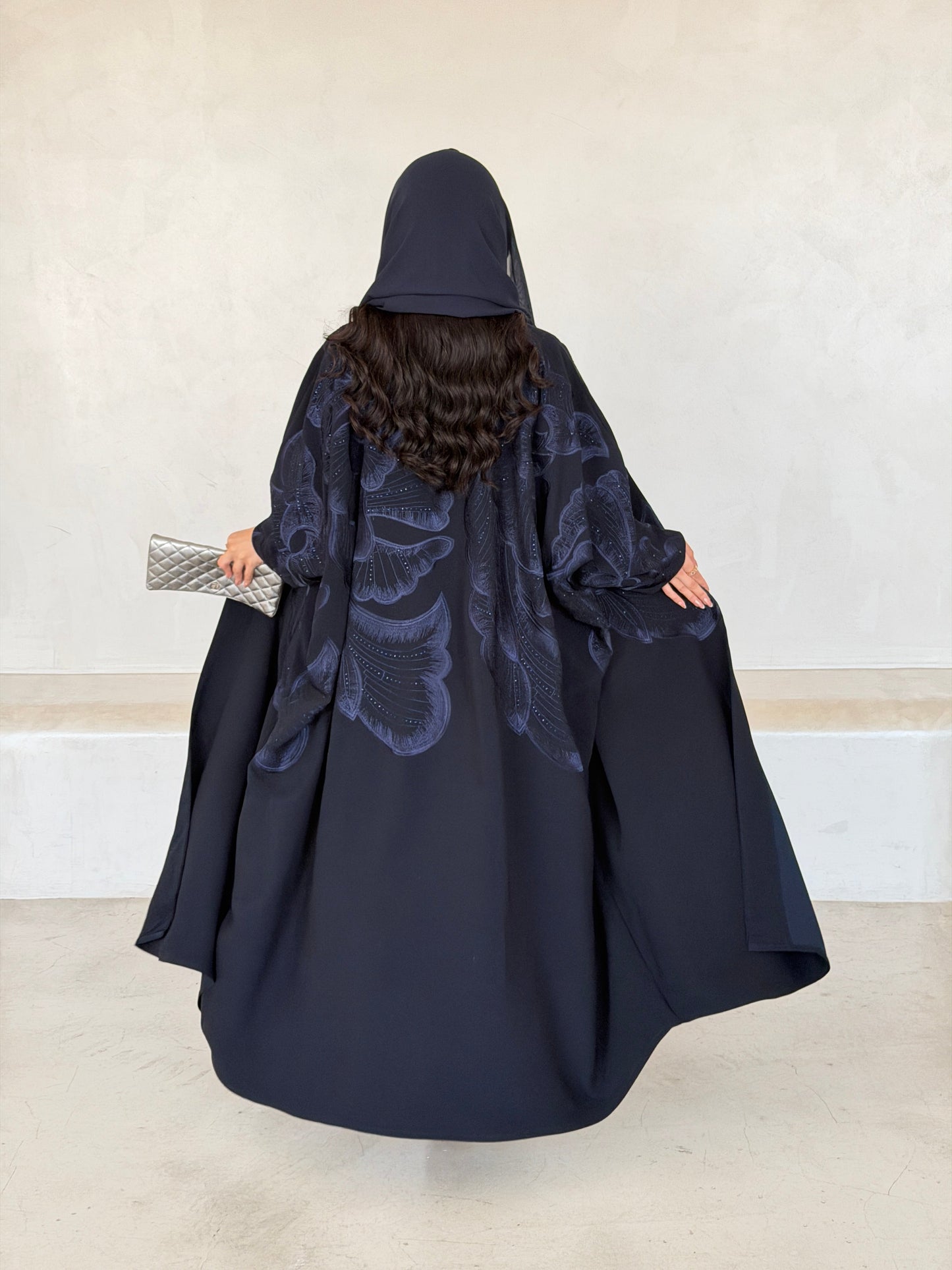 FAB298- Navy Blue Crystal Embroidered Half Bisht Cut Crepe Abaya