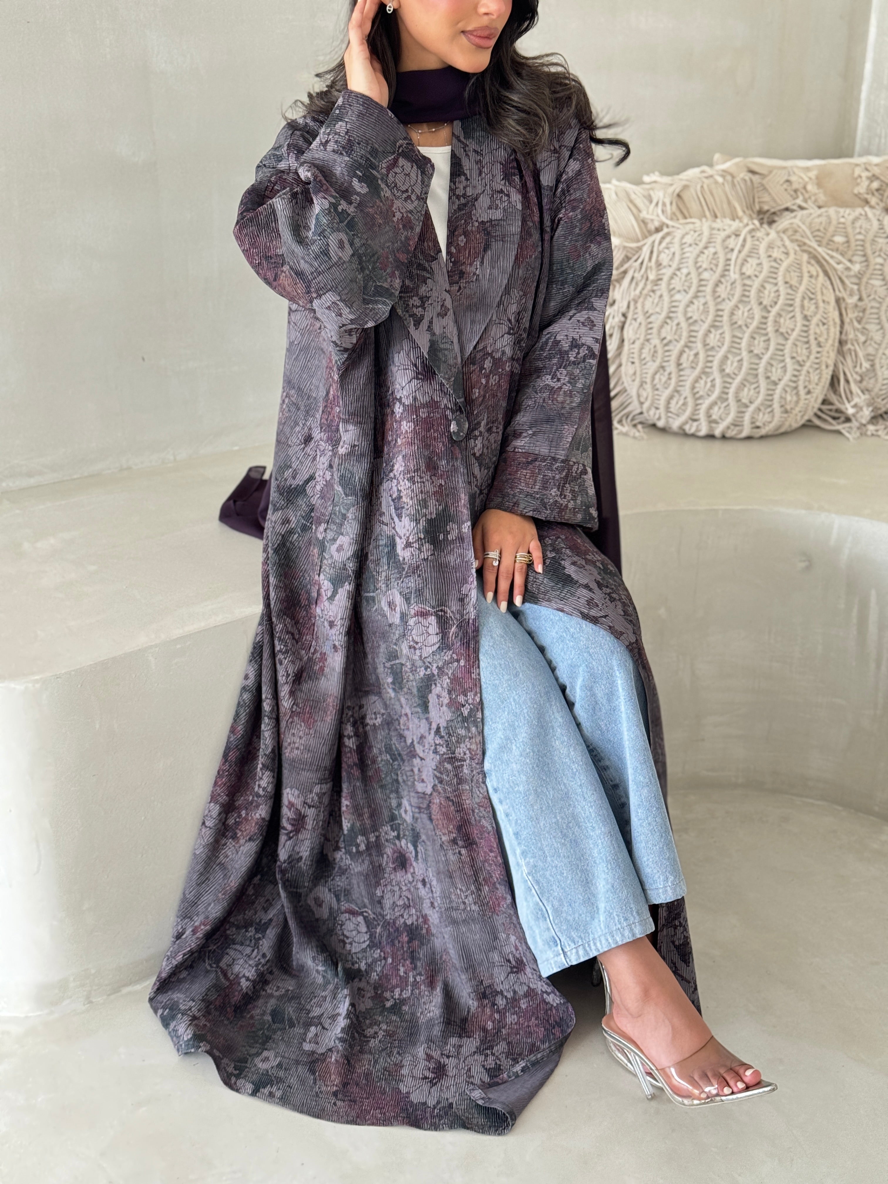FAB199-Grey Pleats Half-Bisht Summer Abaya with matching headscarf