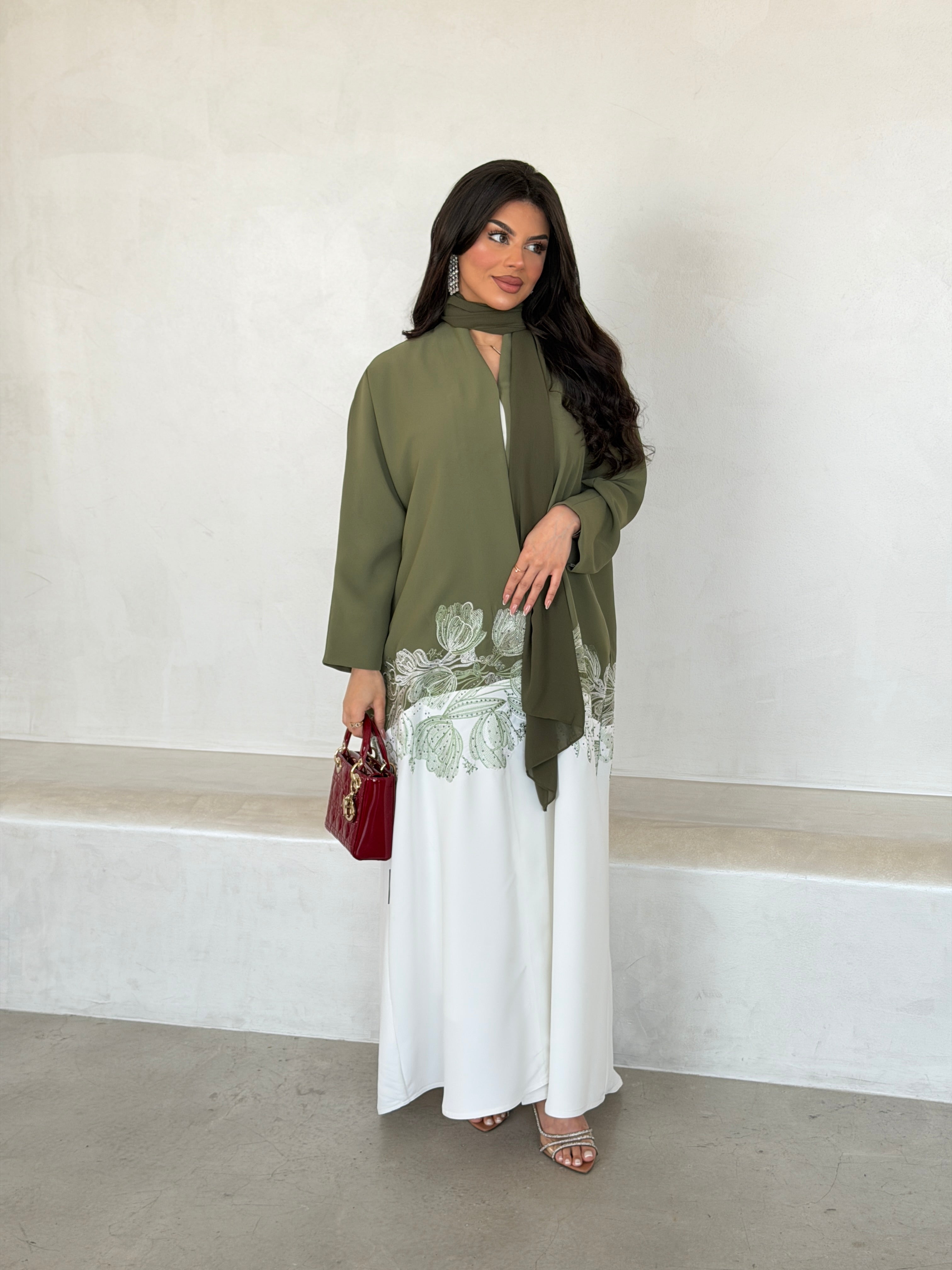 FAB294- Light Green & White Crepe Crystal Embroidered Abaya