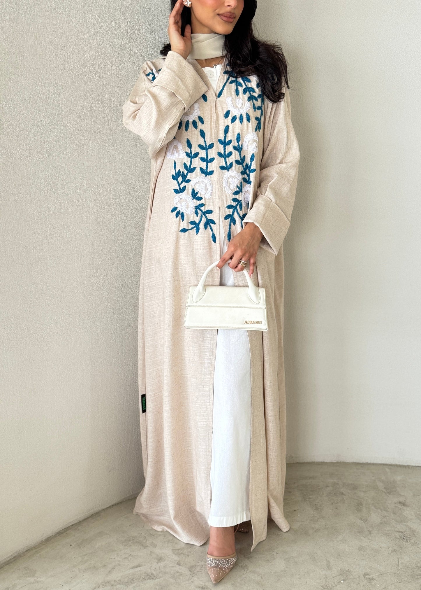 FAB190- Beige Summer Linen - Half-bisht cut Abaya