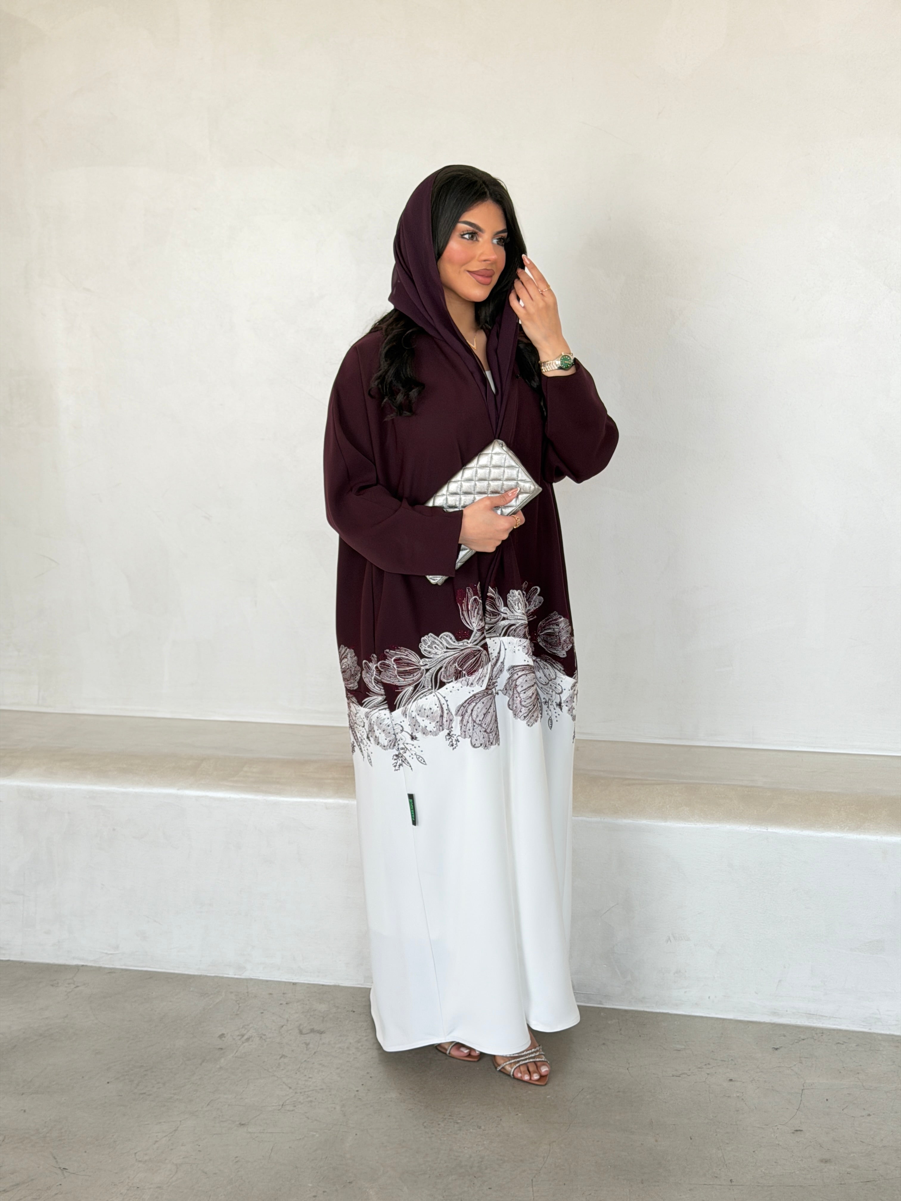 FAB293- Burgundy & White Crepe Crystal Embroidered Abaya