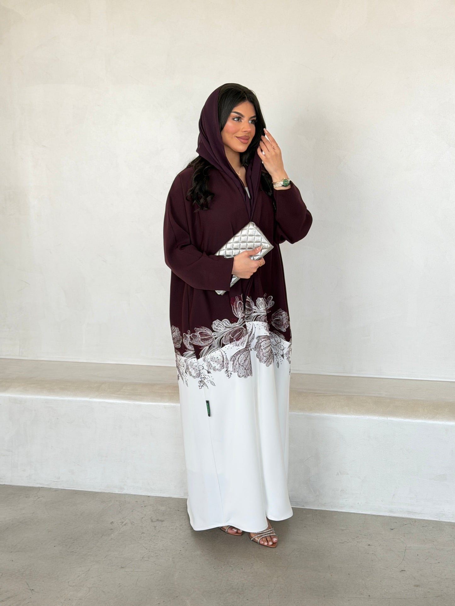 FAB293- Burgundy & White Crepe Crystal Embroidered Abaya