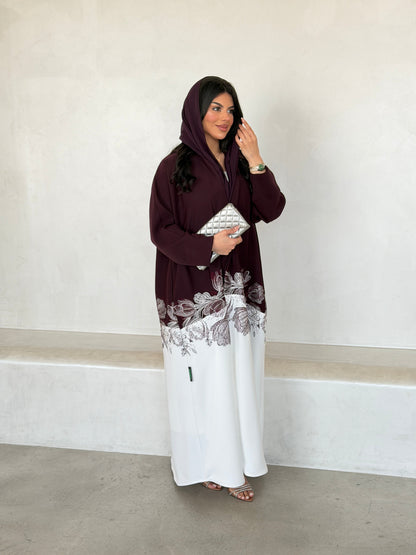 FAB293- Burgundy & White Crepe Crystal Embroidered Abaya