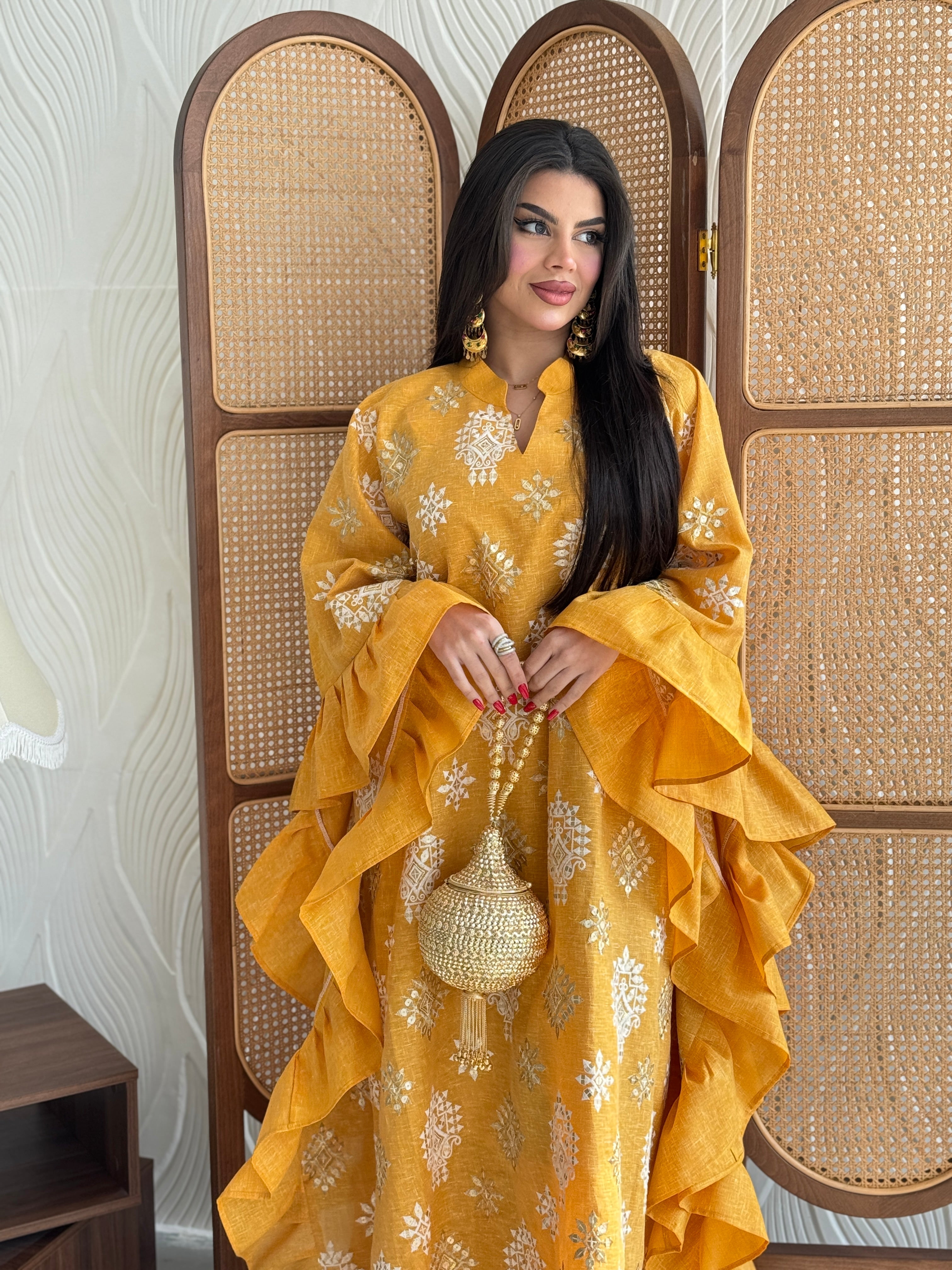 FAB274-Mustard Yellow Linen Embroidered Butterfly-Cut Jalabiya with Ruffled Sleeves