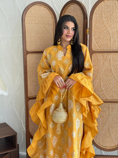 FAB274-Mustard Yellow Linen Embroidered Butterfly-Cut Jalabiya with Ruffled Sleeves
