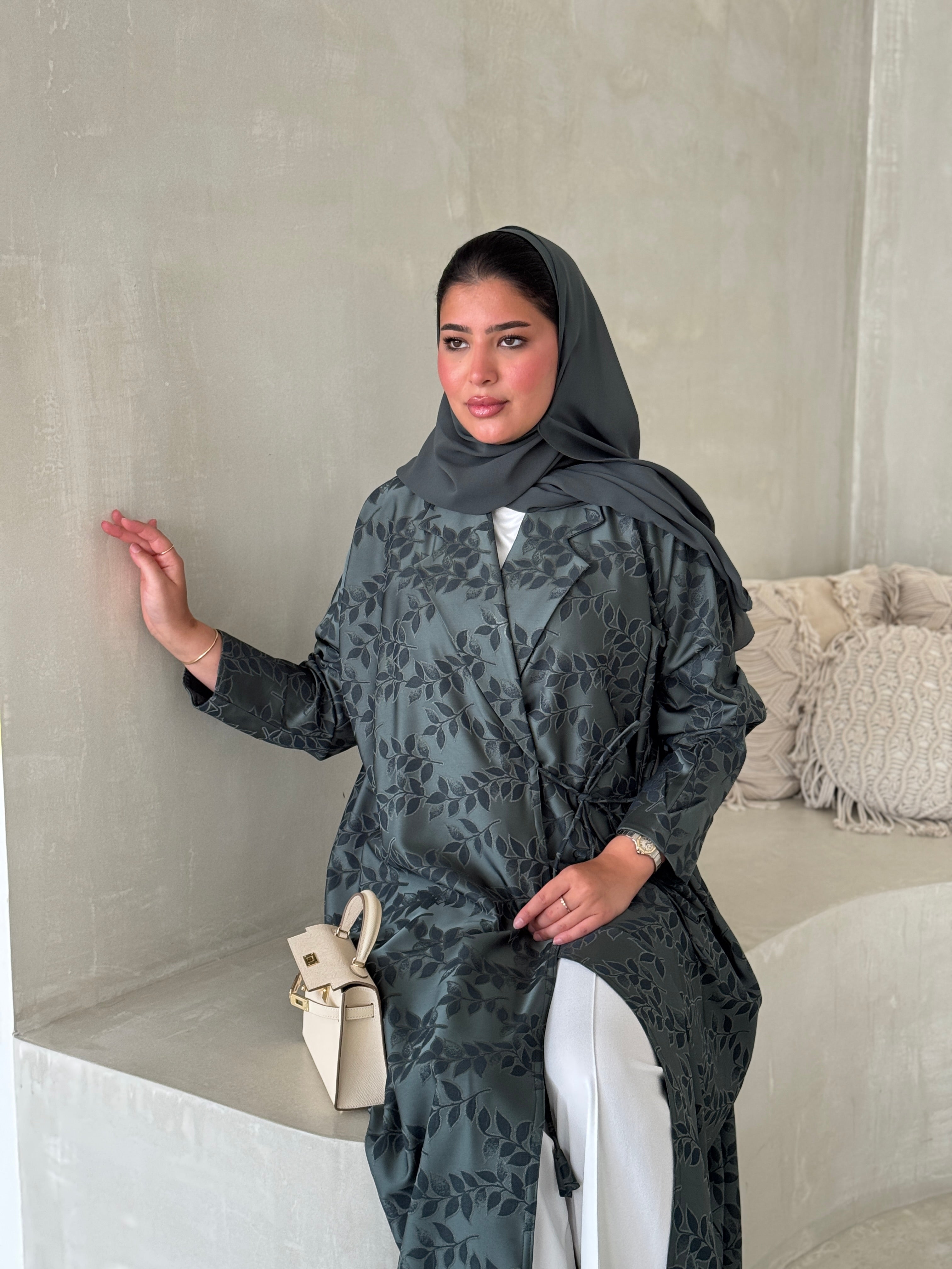 FAB195- Pistachio Green Collar Blazer Cut Abaya with headscarf