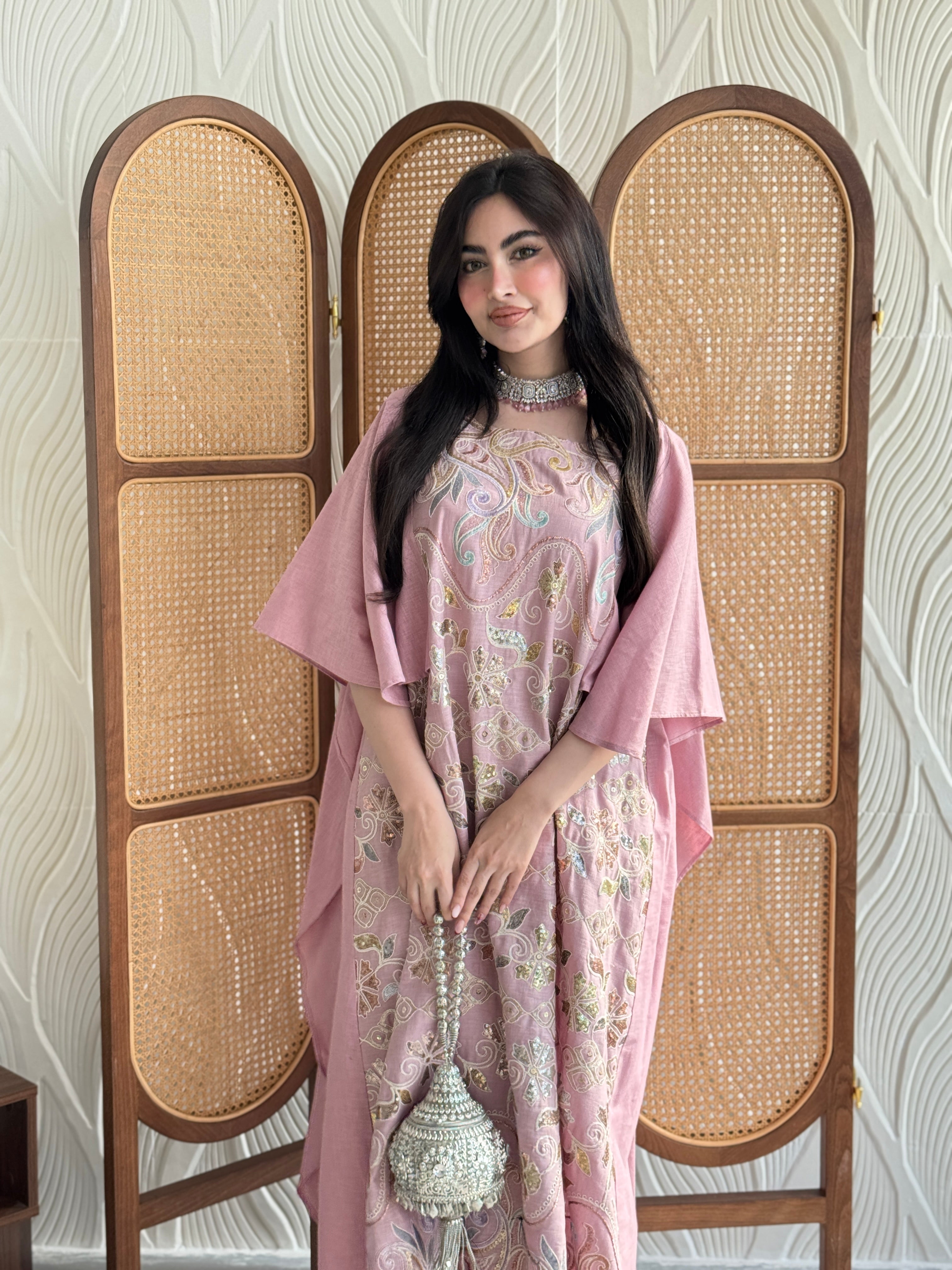 FAB270- Pink Elegant linen jalabiya with multicolor embroidery and a flowing cape cut