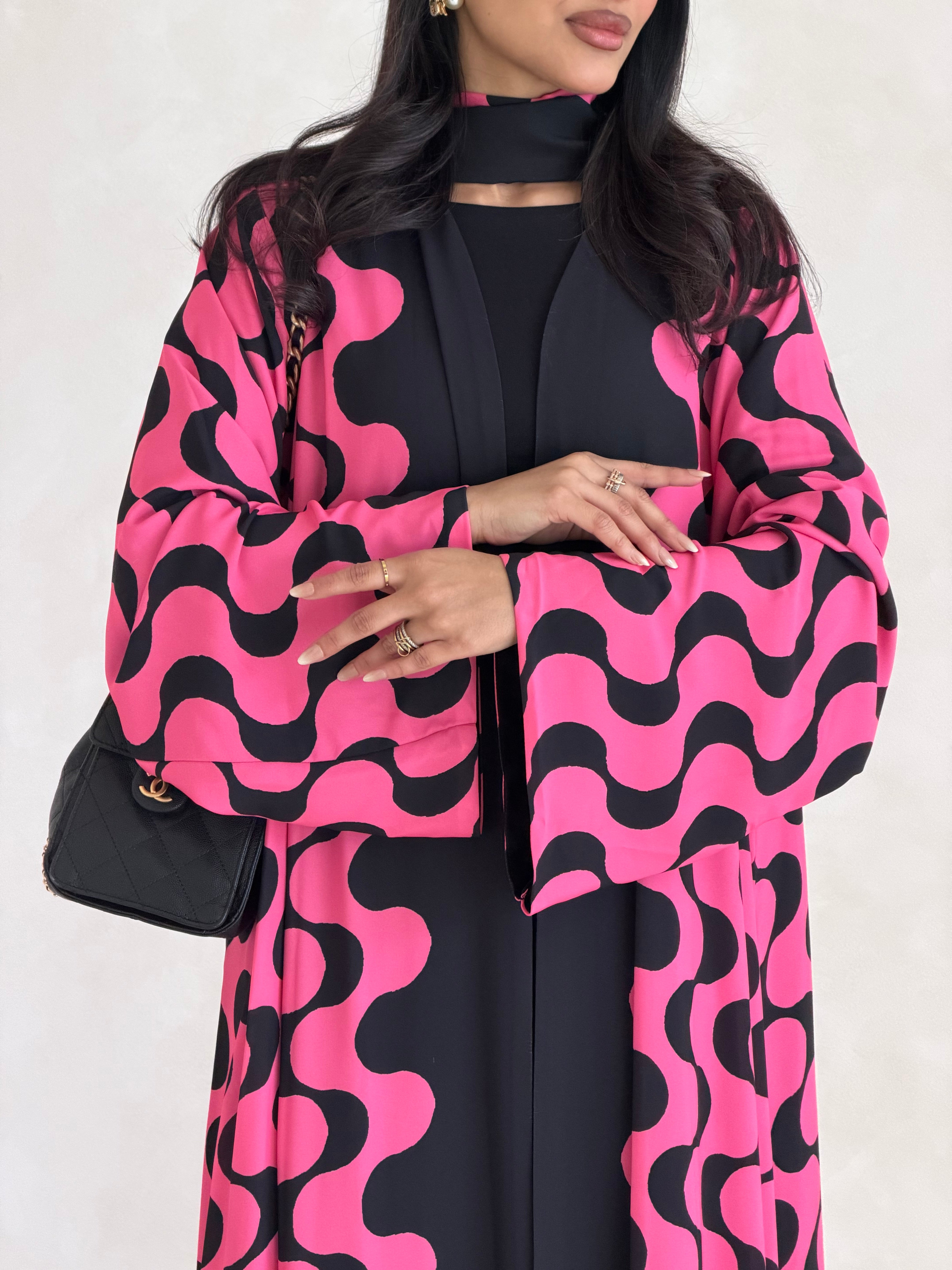 FAB342-Barbie Pink and Black Waves Printed Straight-Cut Abaya and matching headscarf