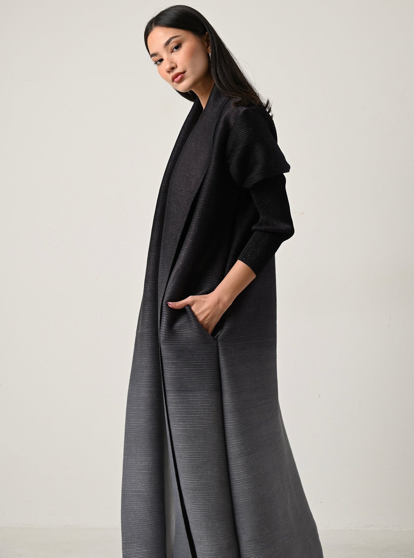 FAB117-Charcoal Ombré Pleats Abaya With Headscarf