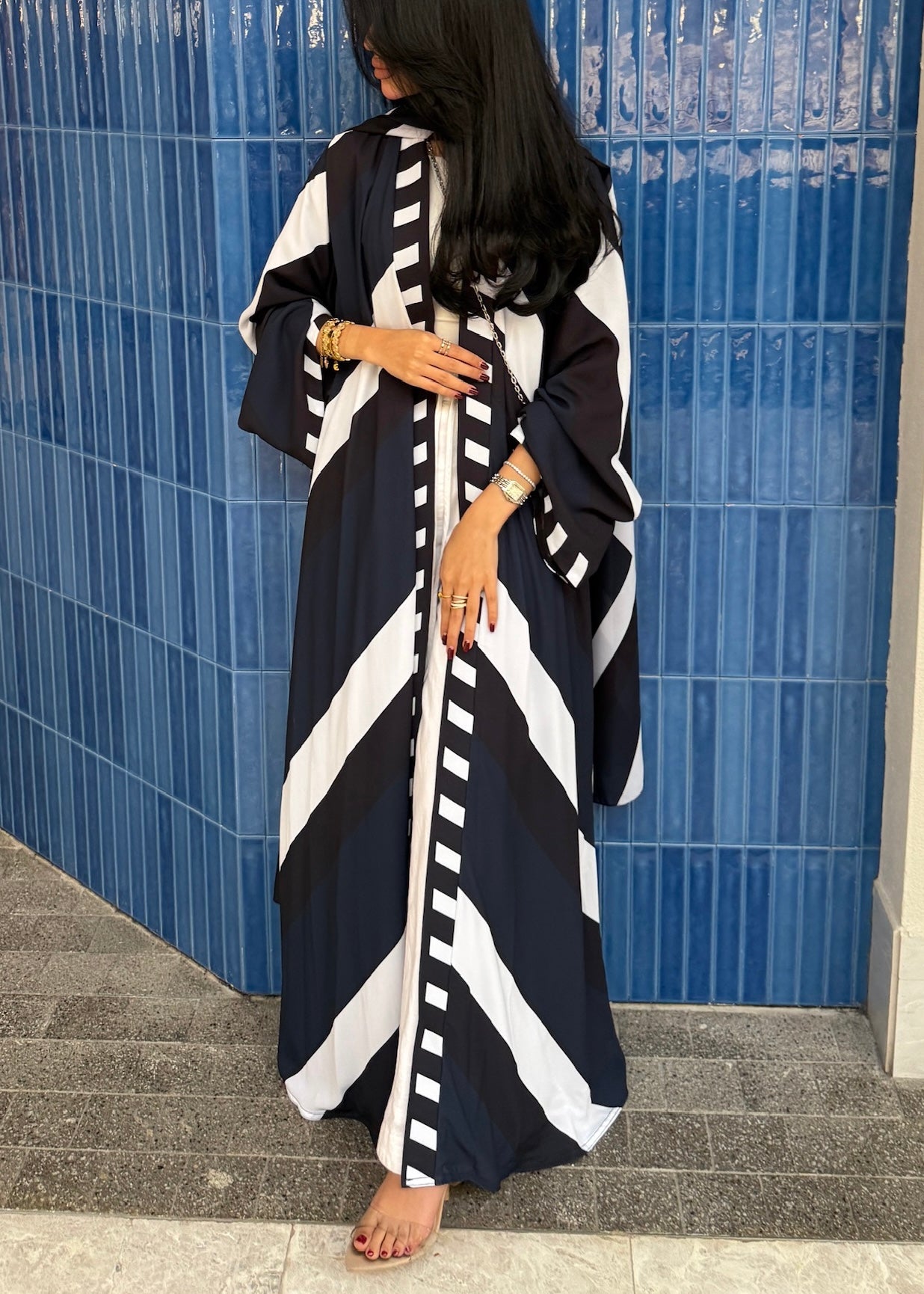 FAB303- Blue & Black Print Chiffon Silk A-Cut Abaya Set