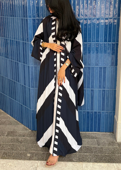 FAB303- Blue & Black Print Chiffon Silk A-Cut Abaya Set