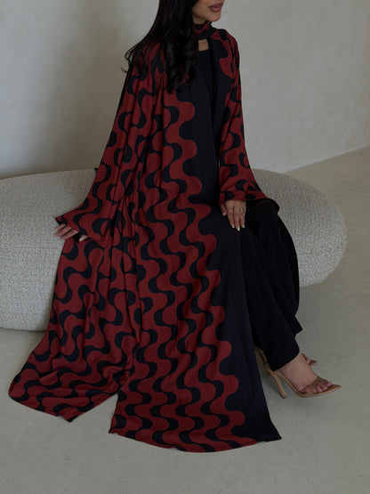 FAB345- Orange Red and Black Waves Printed Straight-Cut Abaya and matching headscarf