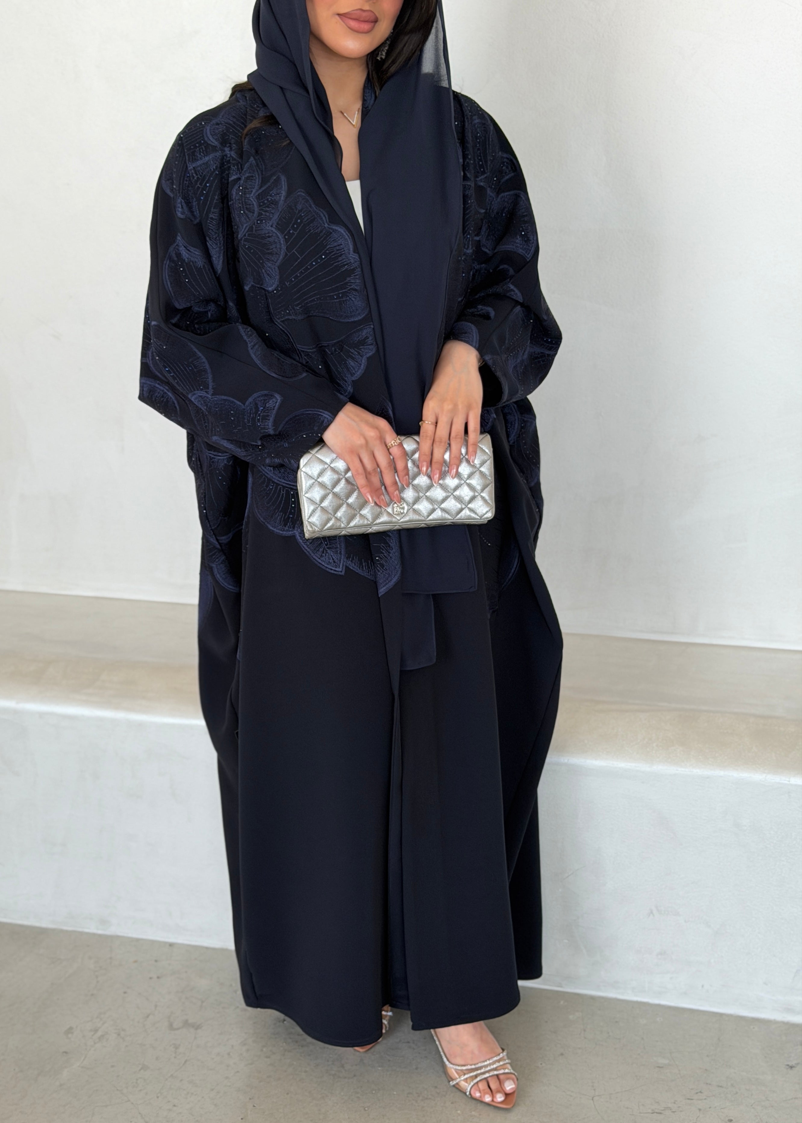 FAB298- Navy Blue Crystal Embroidered Half Bisht Cut Crepe Abaya