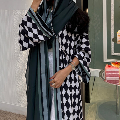 FAB305- Green & Black Checkered Print A-Cut Chiffon Silk Abaya