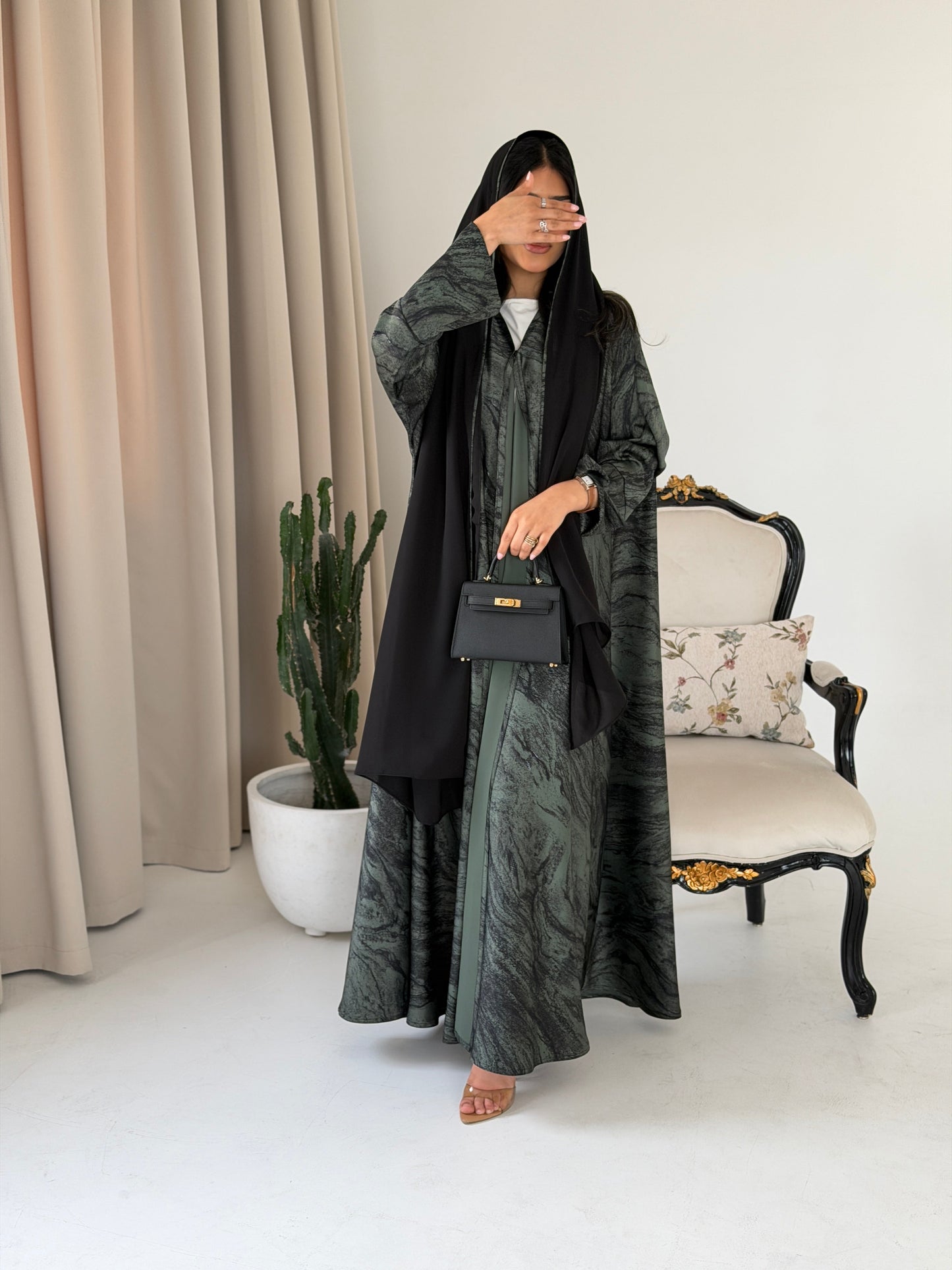 FAB288- Green Marble Print - Crepe A-Cut Abaya with pipping headscarf