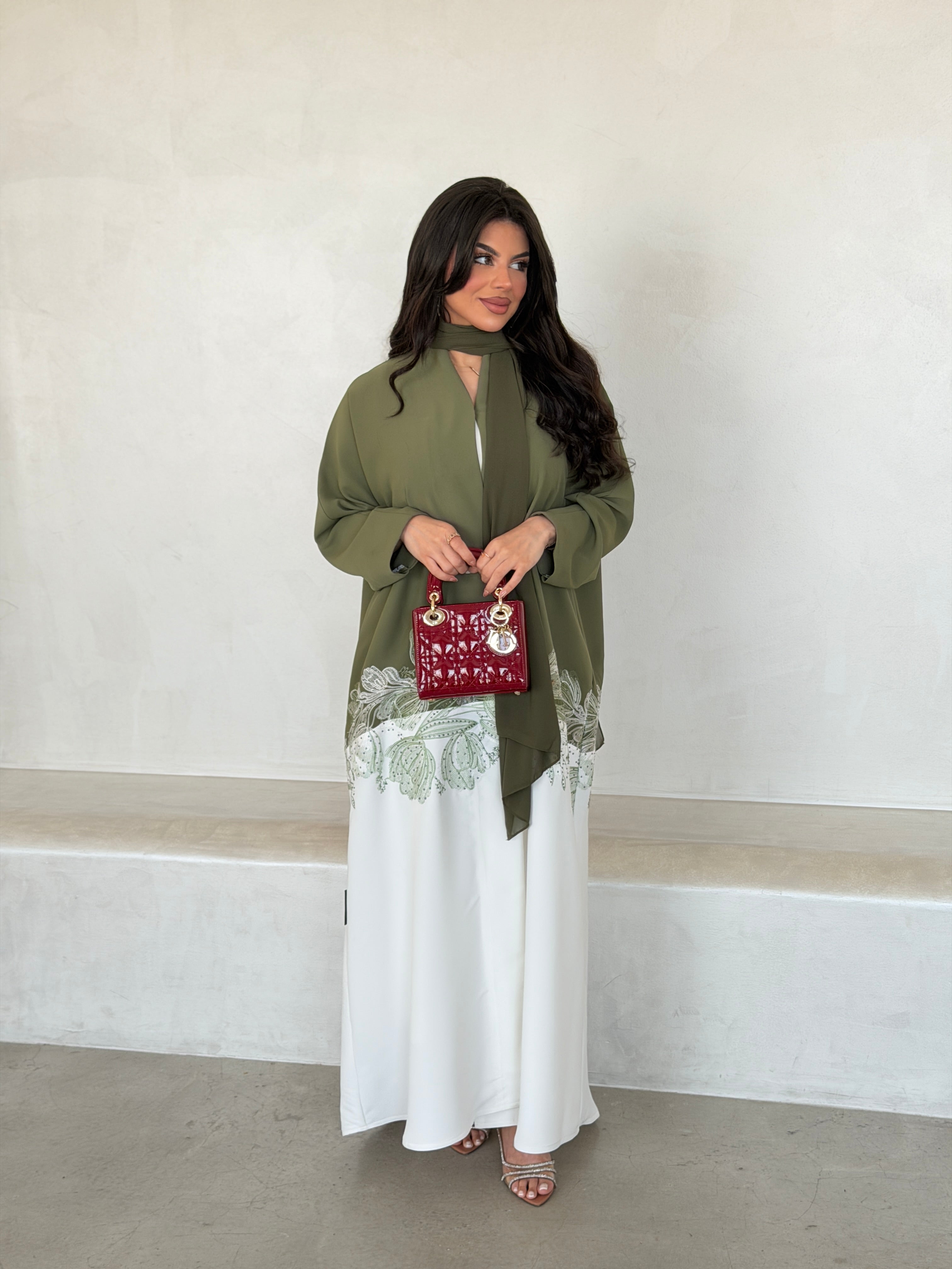 FAB294- Light Green & White Crepe Crystal Embroidered Abaya