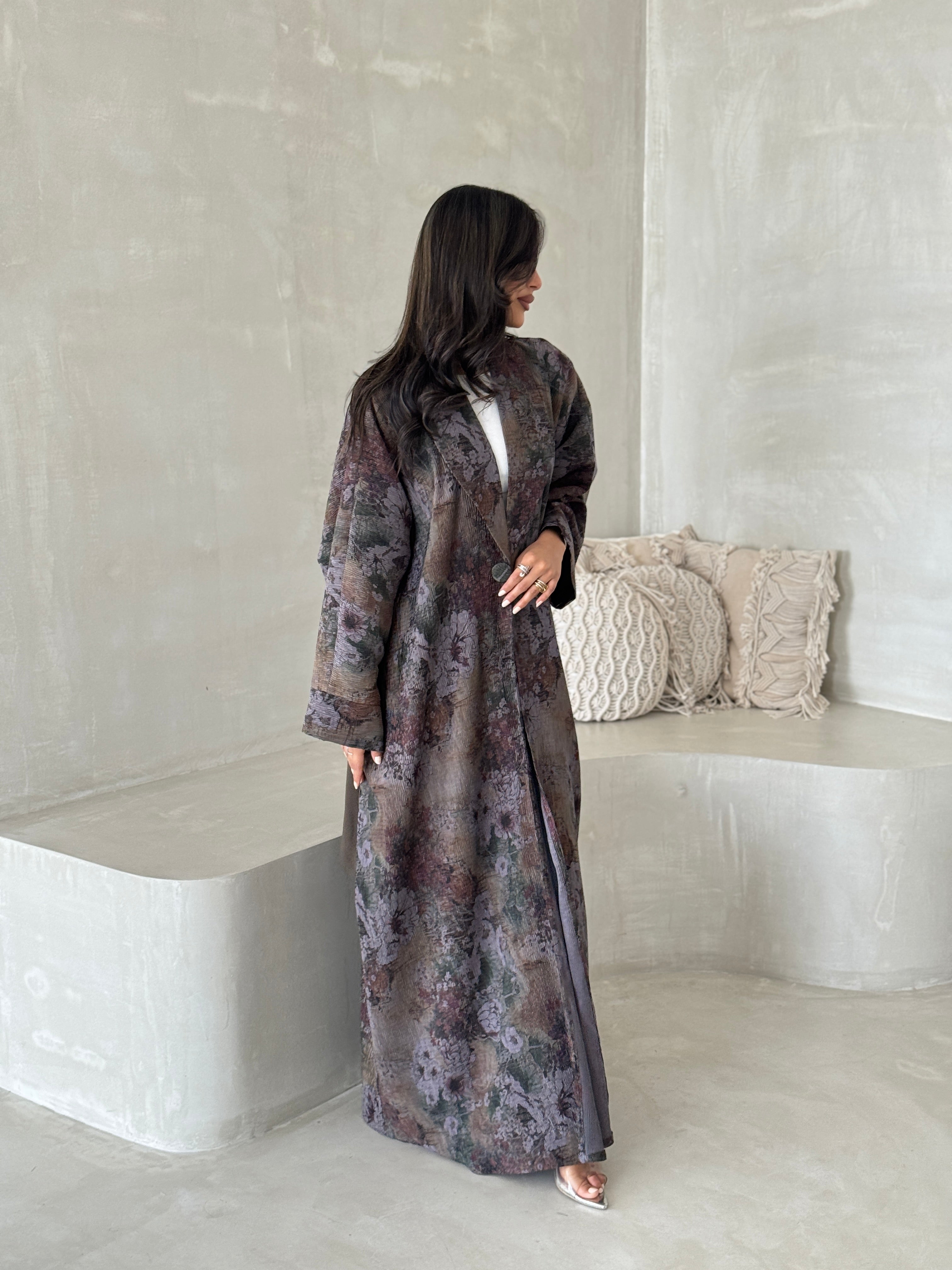 FAB201-Olive Green Grey Pleats Half-Bisht Summer Abaya with matching headscarf