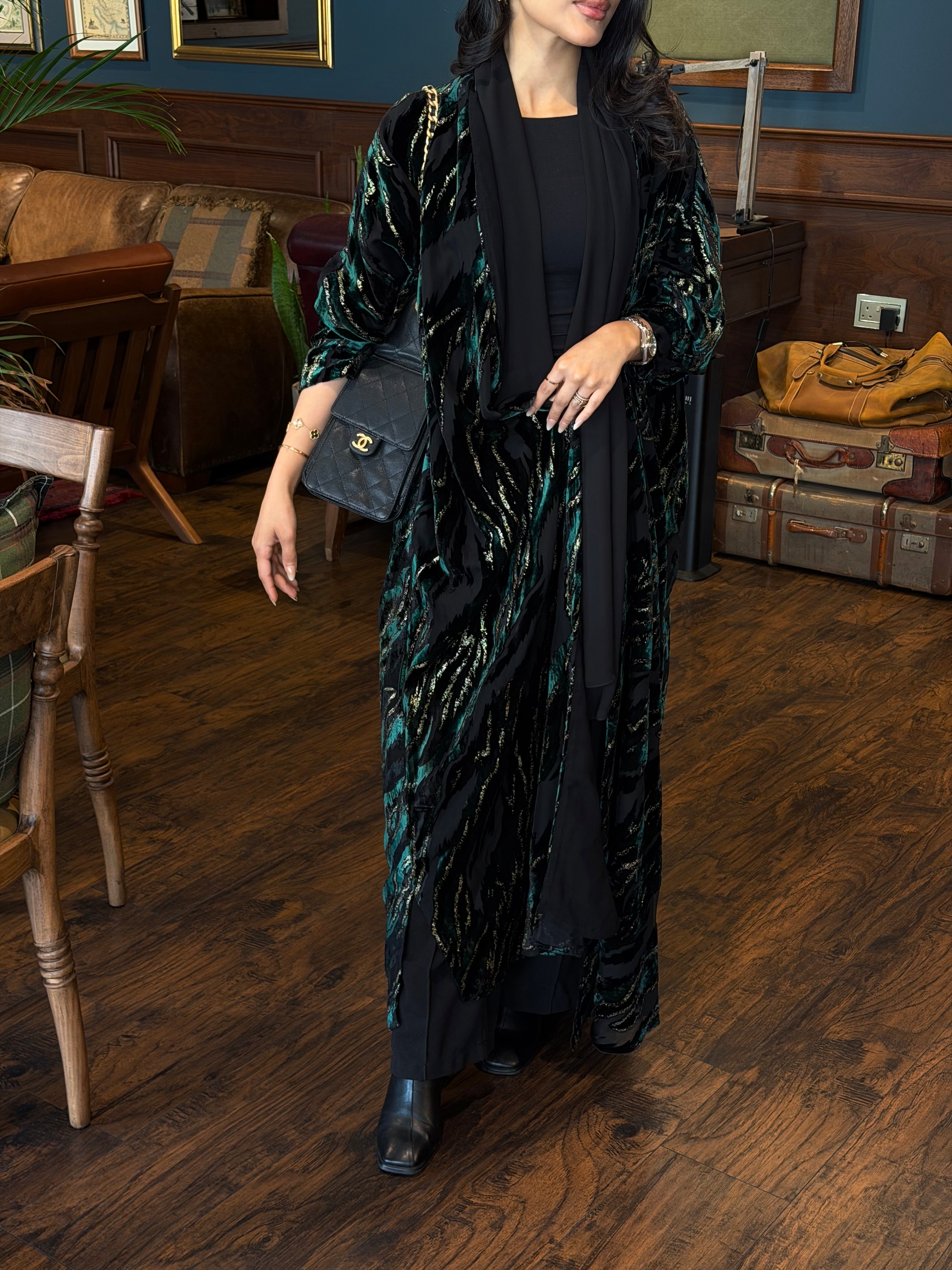 FAB351-Green and Black Chiffon Half Bisht-Cut Abaya with Velvet Shimmer Print and Black Headscarf
