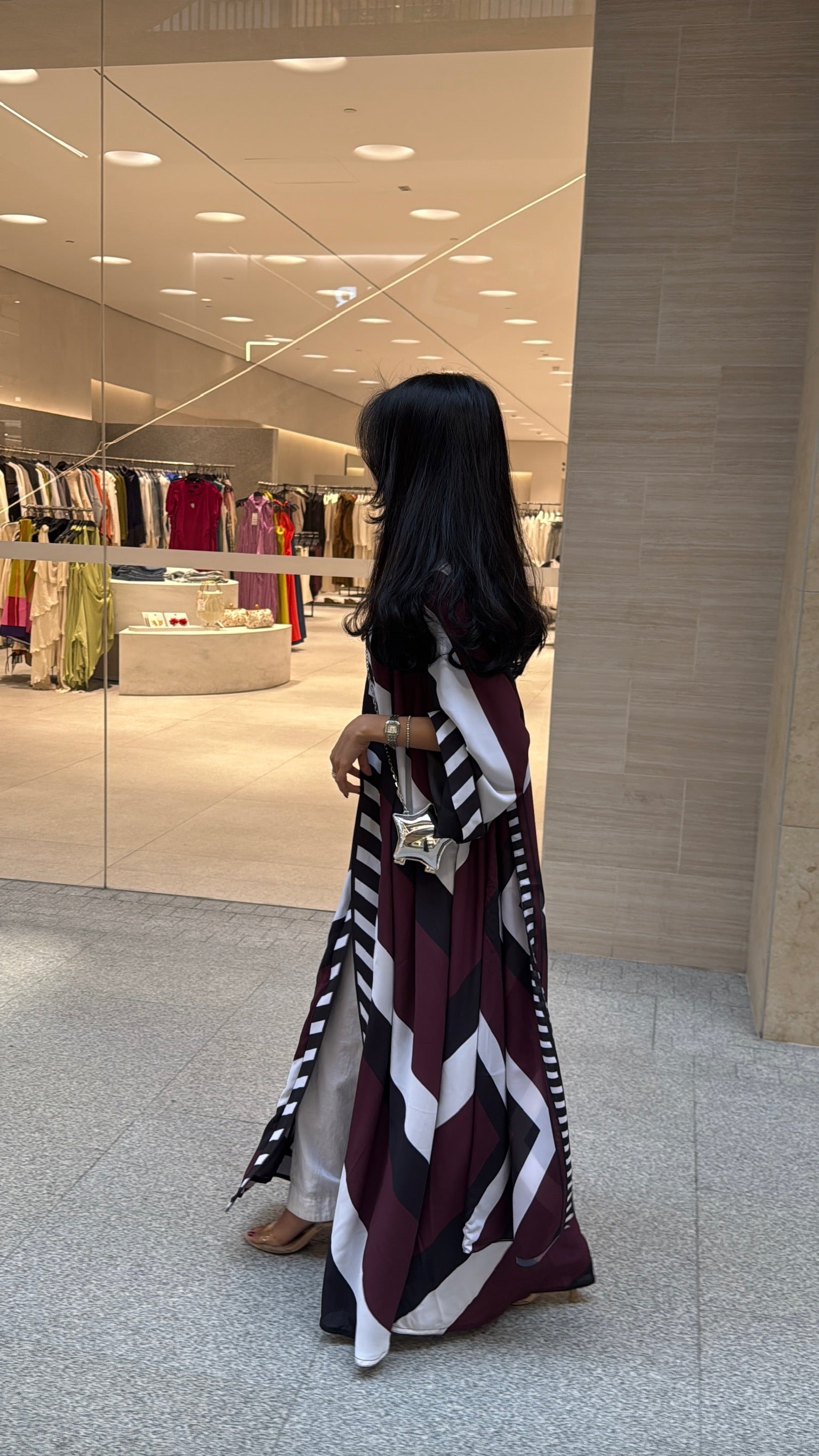 FAB302-Maroon & Black Printed Chiffon Silk A-Cut Abaya Set