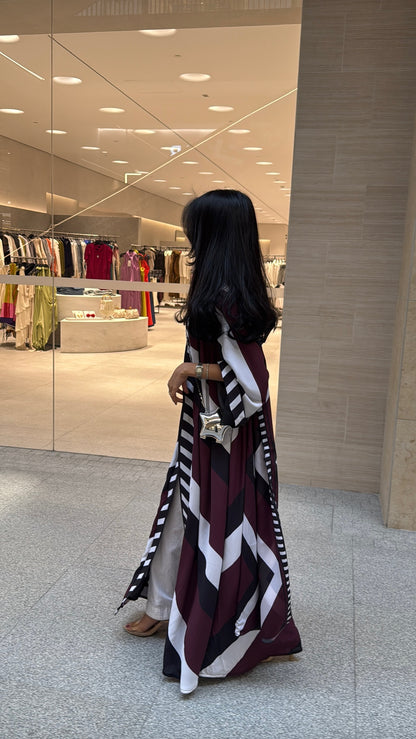 FAB302-Maroon & Black Printed Chiffon Silk A-Cut Abaya Set