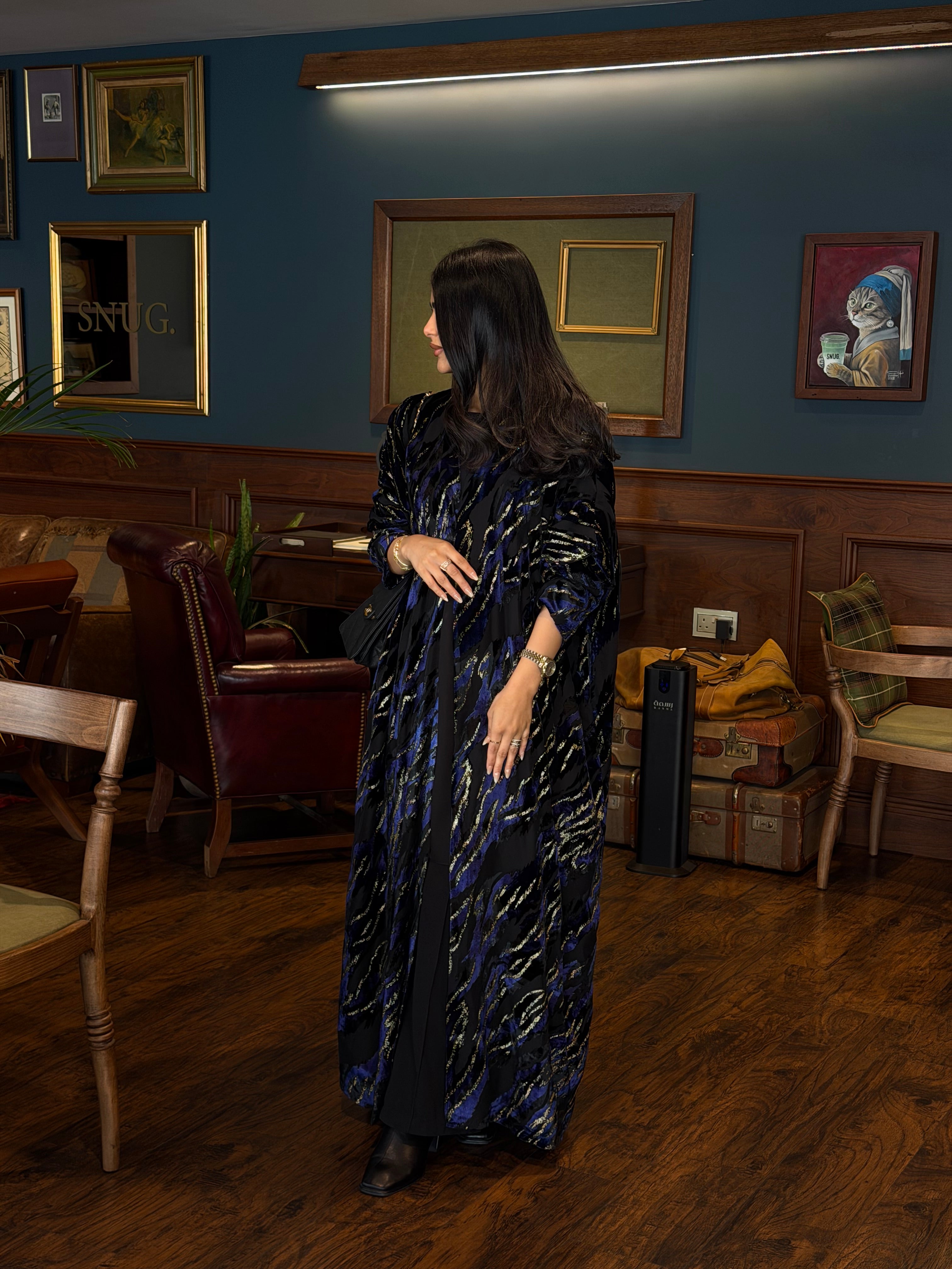 FAB352-Blue and Black Chiffon Half Bisht-Cut Abaya with Velvet Shimmer Print and Black Headscarf