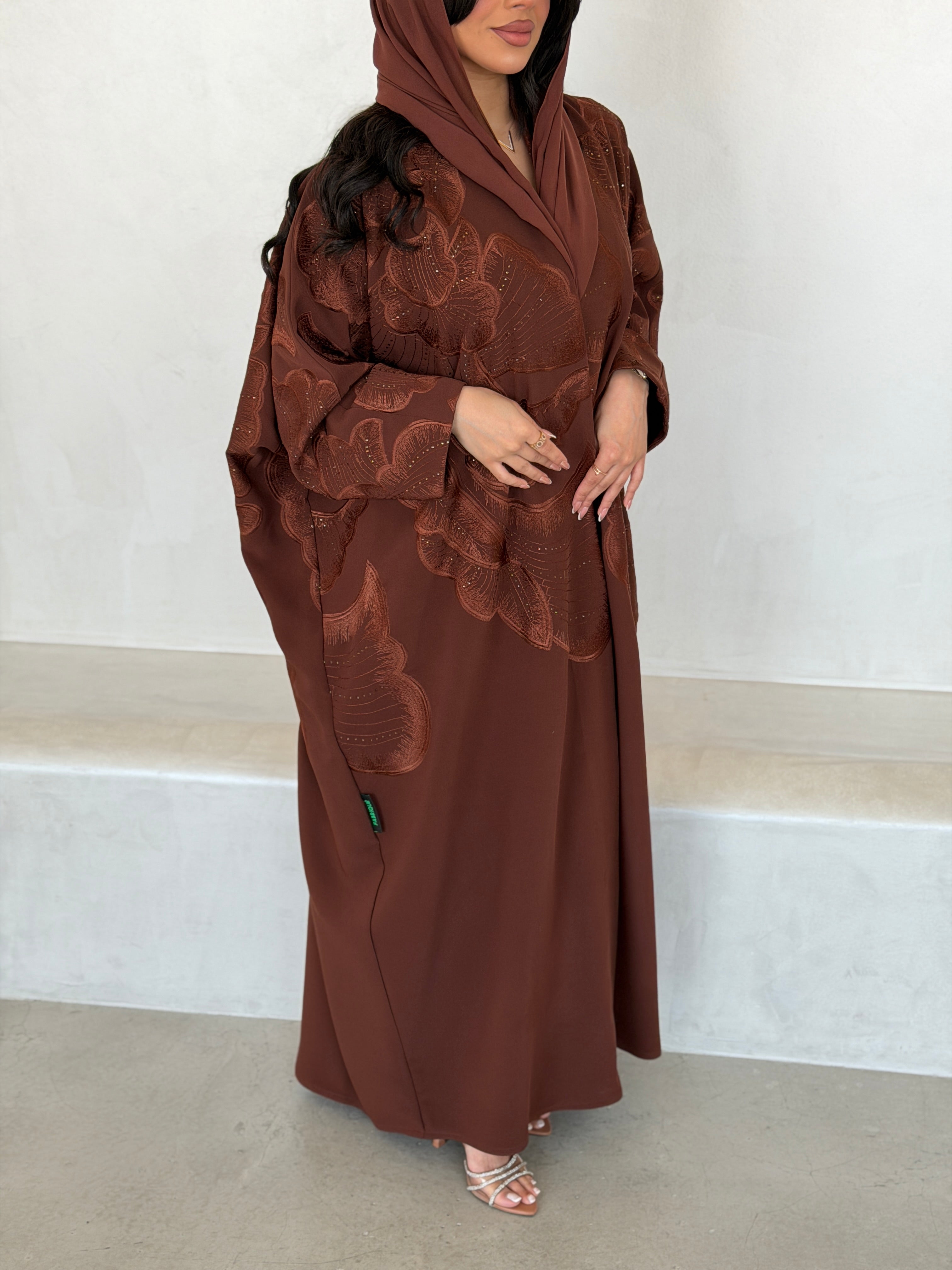FAB295- Orange Crystal Embroidered Half Bisht Cut Crepe Abaya