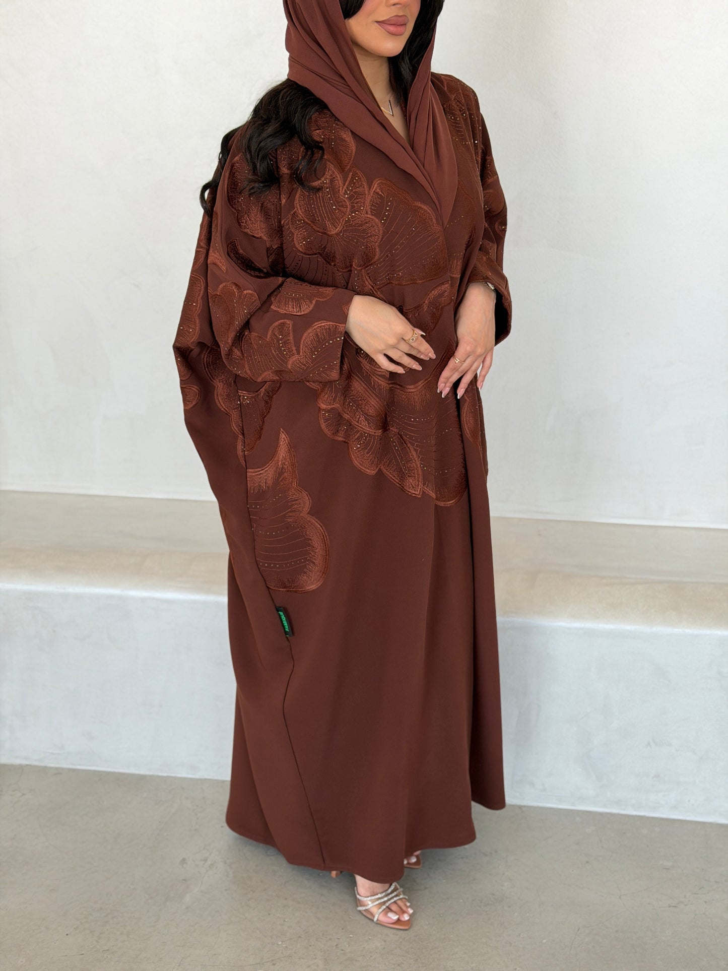 FAB295- Orange Crystal Embroidered Half Bisht Cut Crepe Abaya
