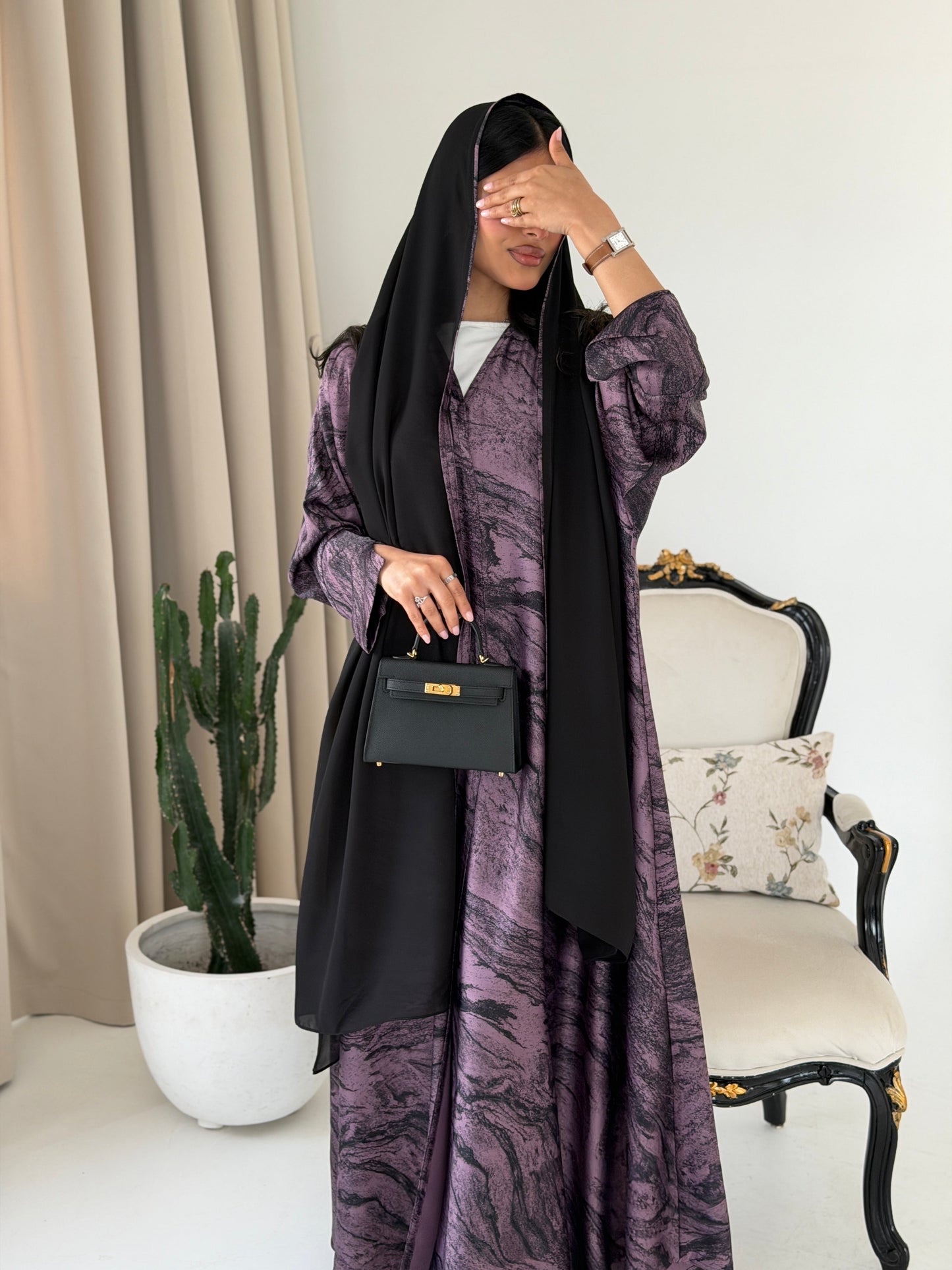 FAB287- Purple Marble Print - Crepe A-Cut Abaya with pipping headscarf