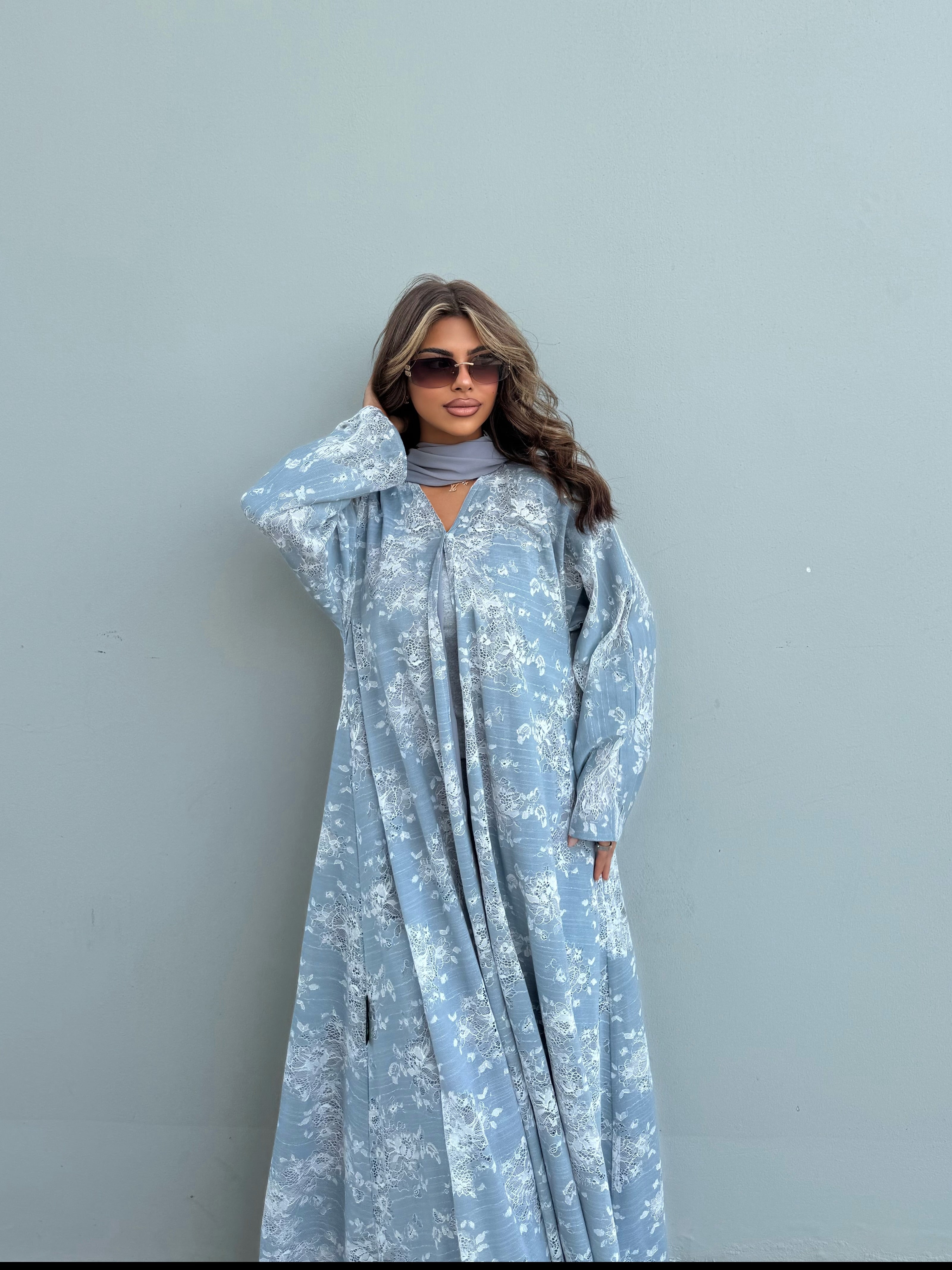 FAB301- White and Blue Lace and Linen Summer A-Cut Abaya
