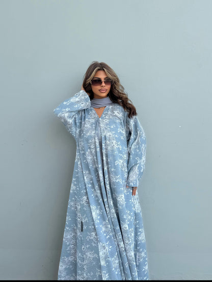 FAB301- White and Blue Lace and Linen Summer A-Cut Abaya