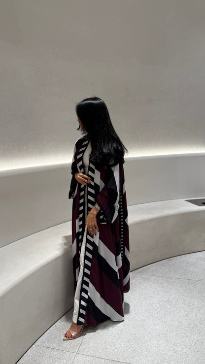 FAB302-Maroon & Black Printed Chiffon Silk A-Cut Abaya Set