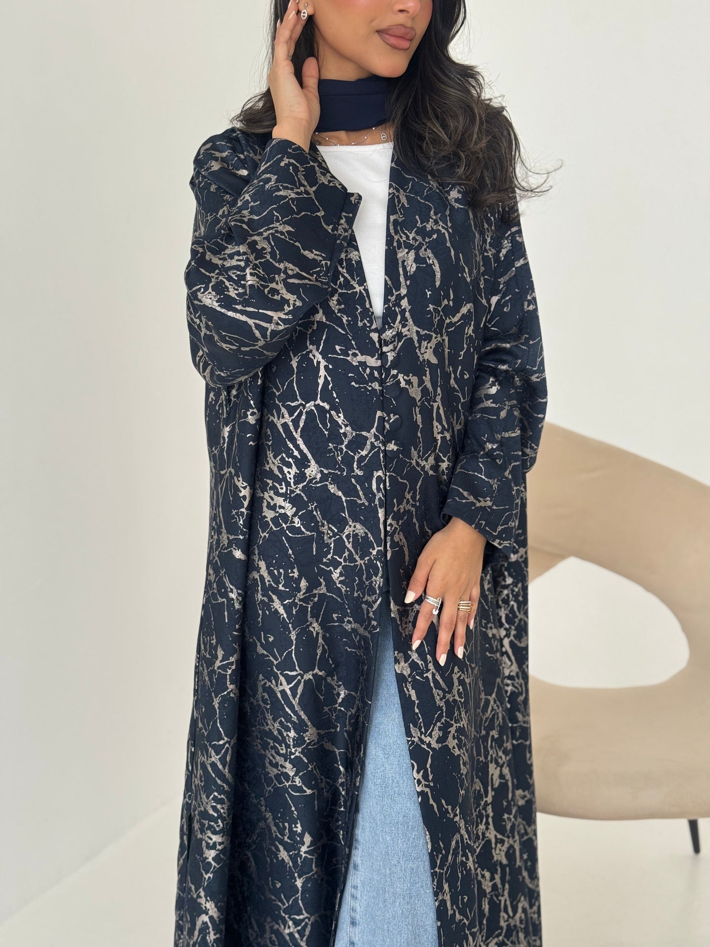 FAB207-Elegant Navy Blue Metallic Crepe Silk A-Cut Abaya with headscarf