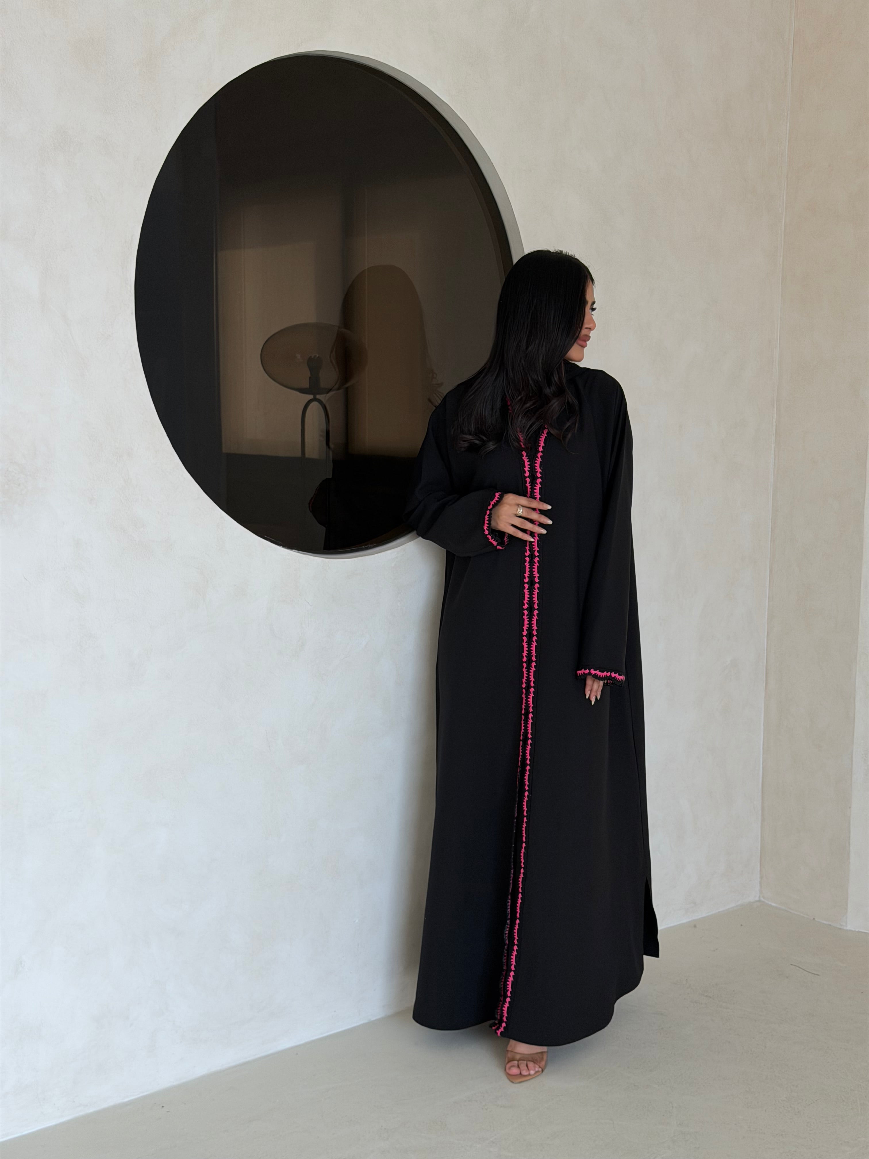 FAB346- Pink Crochet Black Crepe Klosh-Cut Abaya with Headscarf