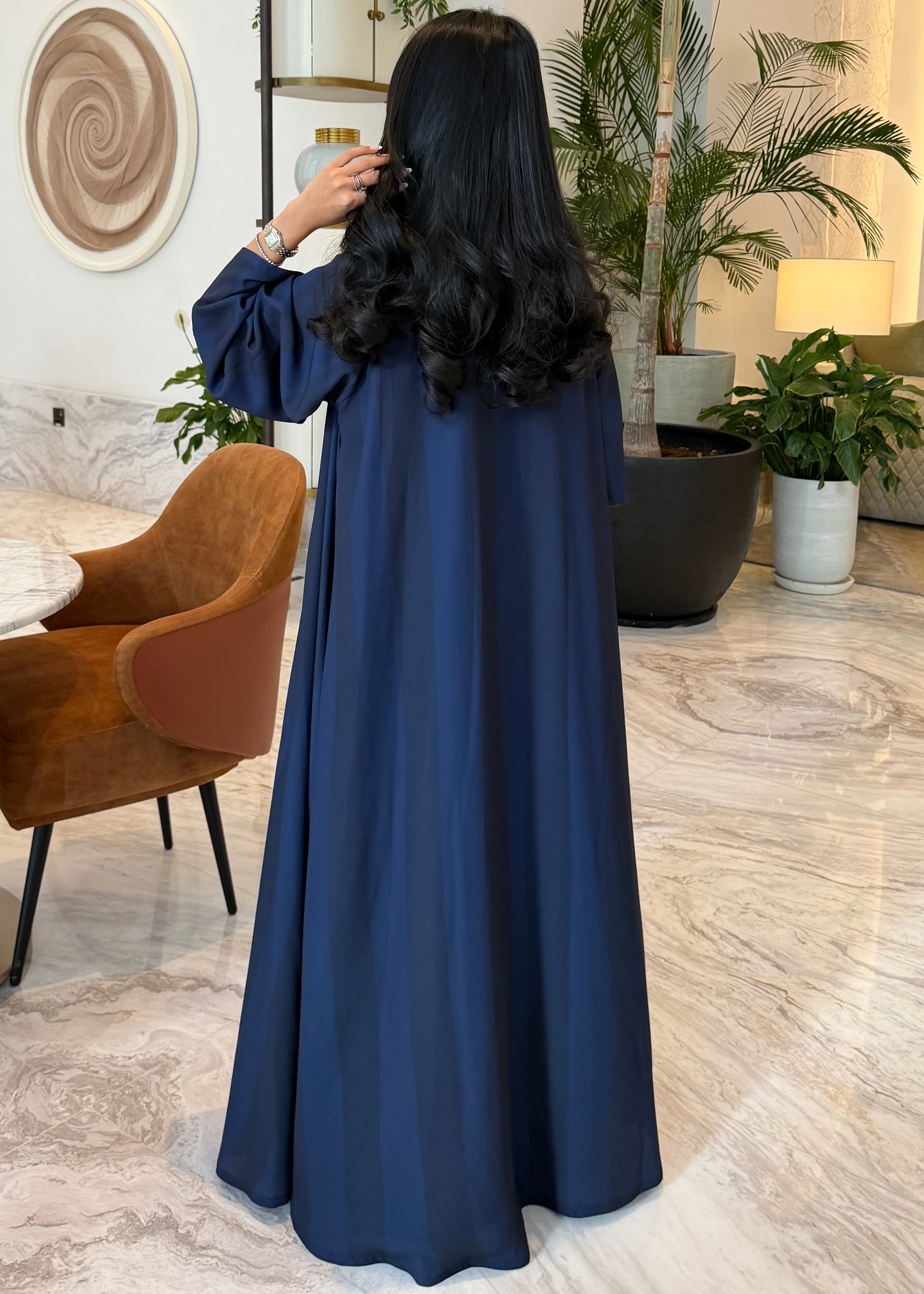 FAB330-Blue Basic Light Stripped Printed Klosh Abaya Set
