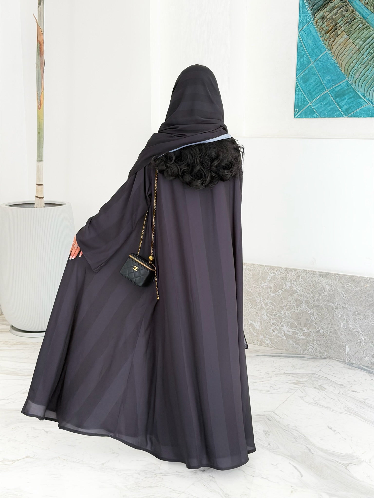 FAB332-Black Basic Light Stripped Printed Klosh Abaya Set
