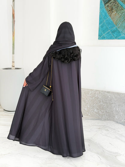 FAB332-Black Basic Light Stripped Printed Klosh Abaya Set