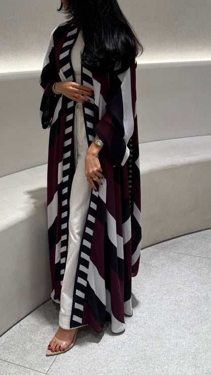 FAB302-Maroon & Black Printed Chiffon Silk A-Cut Abaya Set