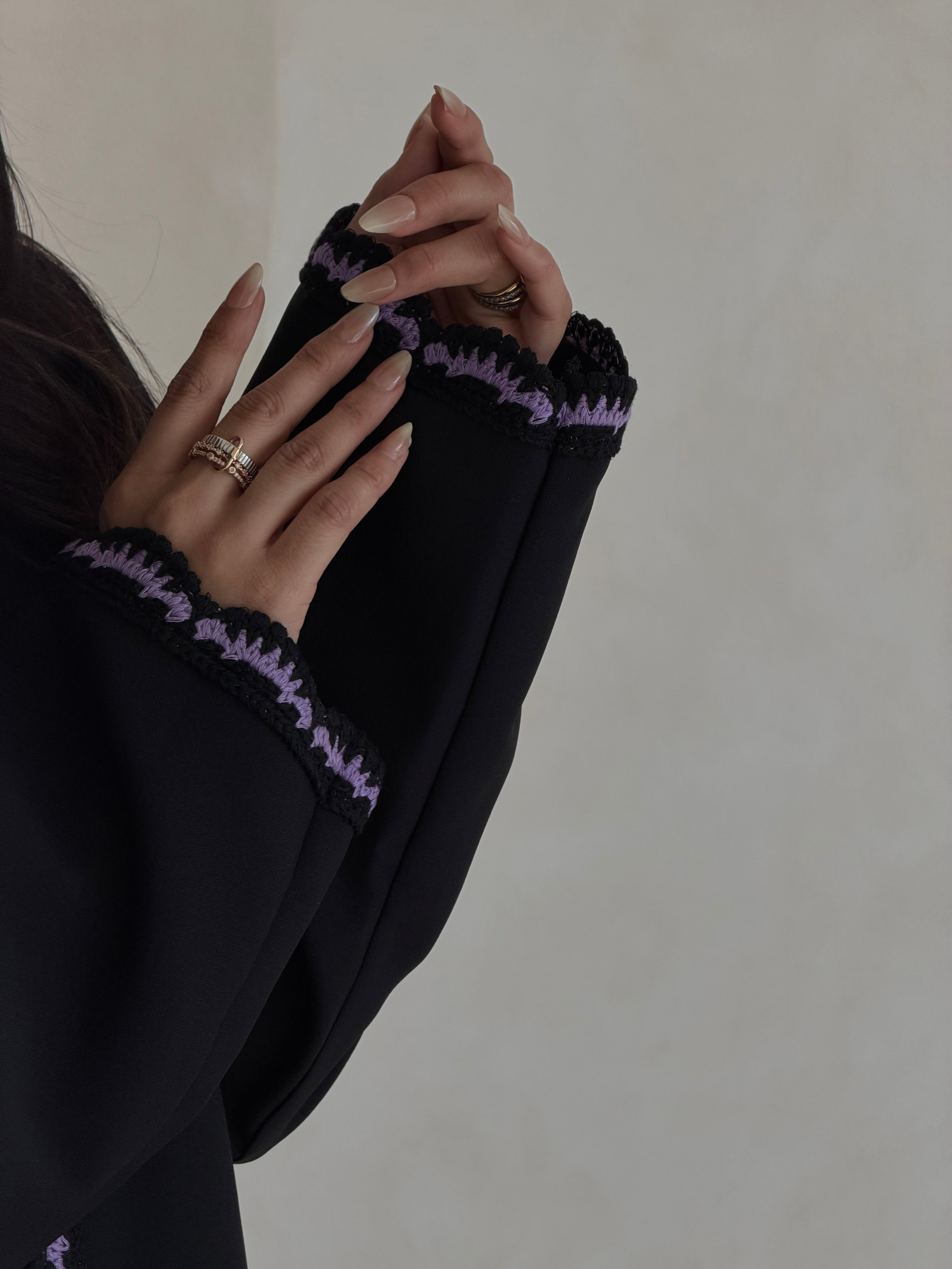 FAB348- Purple Crochet Black Crepe Klosh-Cut Abaya with Headscarf