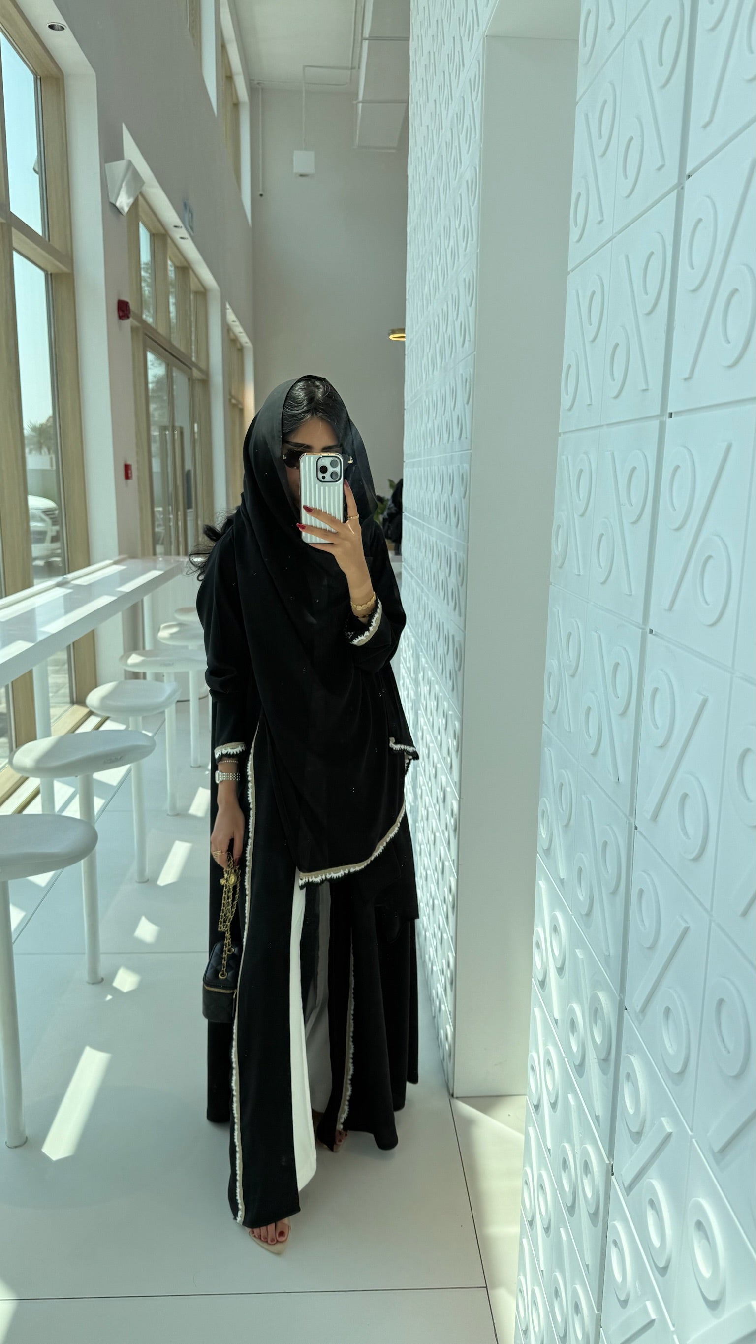 FAB326- Beige Black Crochet Crepe A-Cut Abaya with matching headscarf