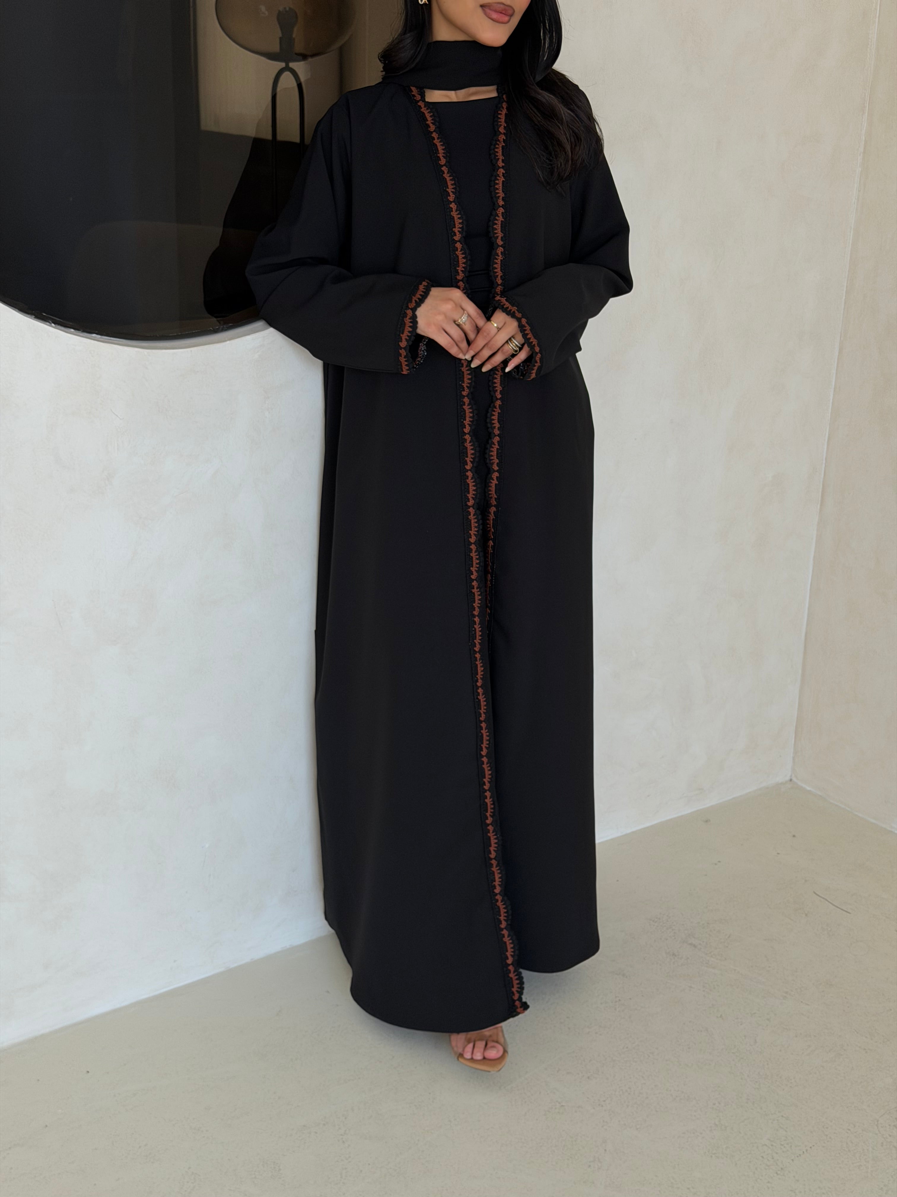 FAB349- Brown Crochet Black Crepe Klosh-Cut Abaya with Headscarf